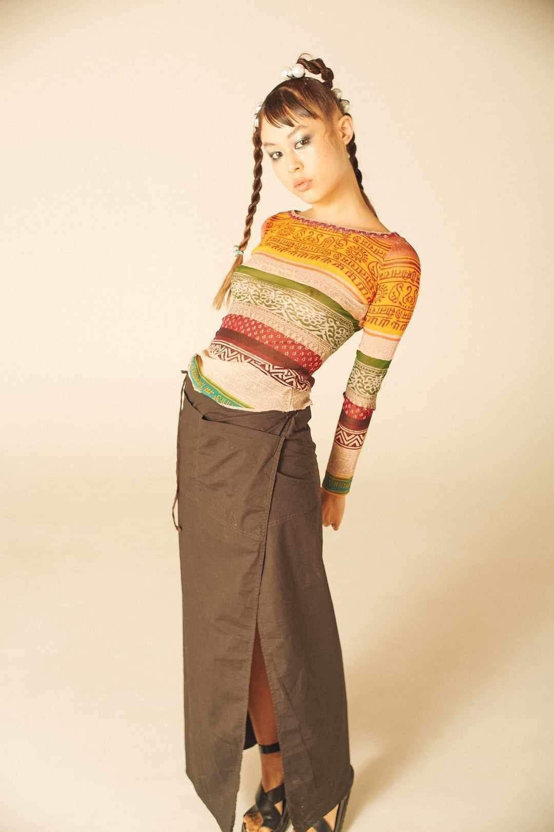 image of Jean Paul Gaultier - Archive 1994 Tribal Print Mesh Top in Orange, Women's (Size Medium)