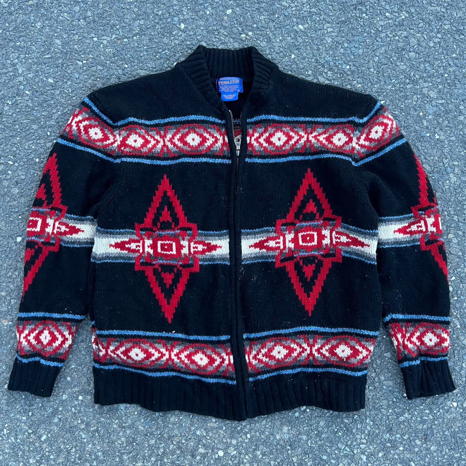 image of Pendleton Wool Knit Zip Up Aztec Sweater Sweatshirt in Black, Men's (Size Large)