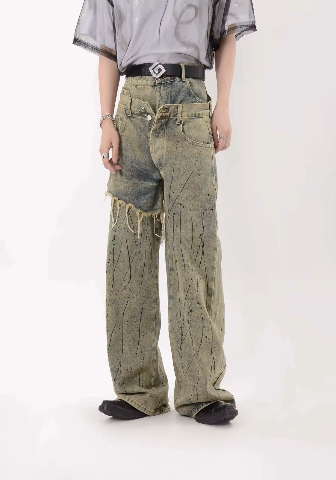 Designer × Vintage Asymmetric Design Loose Distressed Baggy Pants Jeans Size US 34 / EU 50 - 2 Thumbnail