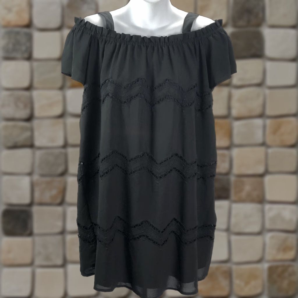 Ann Taylor VINTAGE Ann Taylor Loft Mini Lace Dress XSP Blk Off Shoulder  Ruffles Cap Sleeve Boho Y2K Women's Petite Black Dress | Grailed