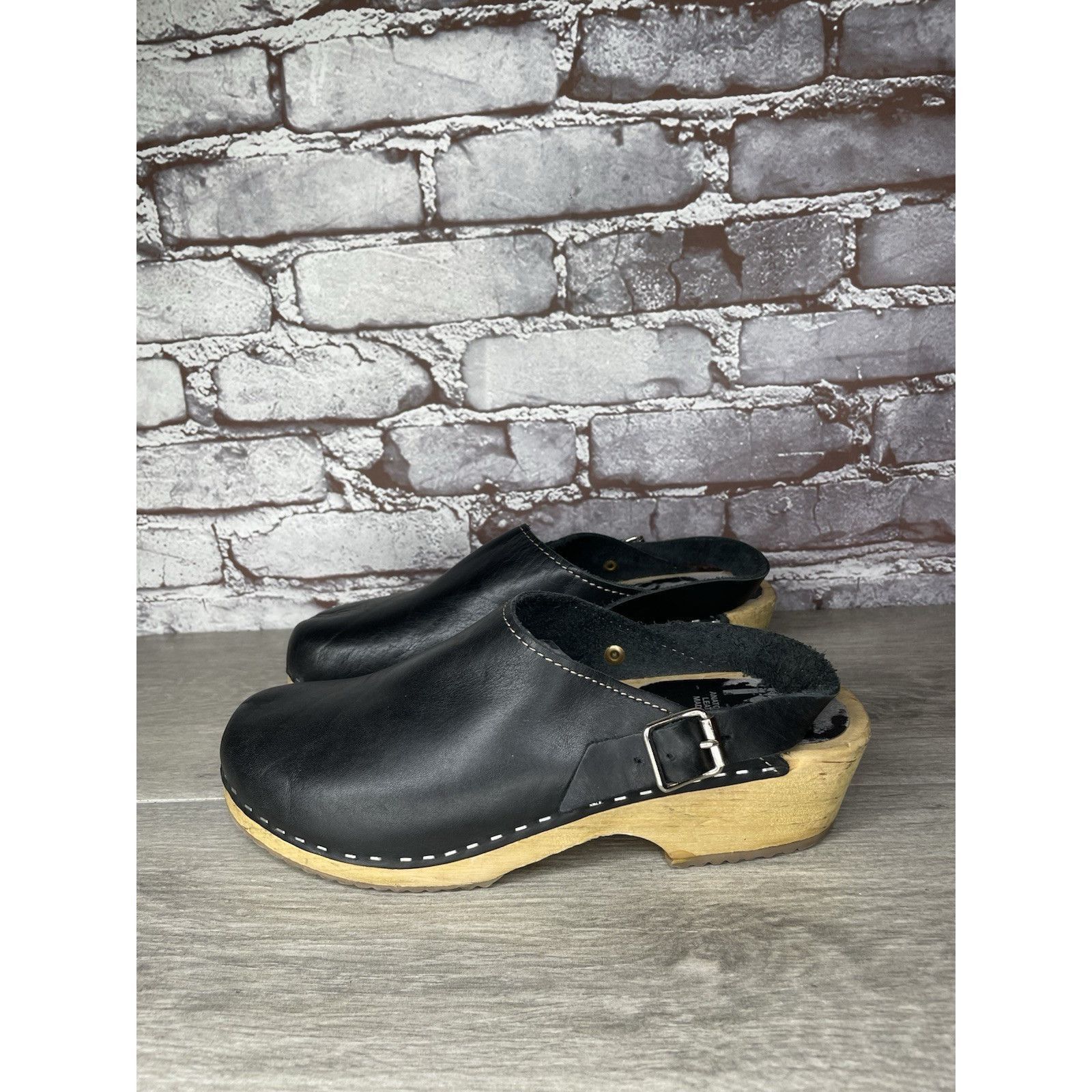 Miansai MIA Alma Swedish Black Leather Wooden Heel Strap Clogs Women Size US 9.5 / IT 39.5 - 12 Thumbnail
