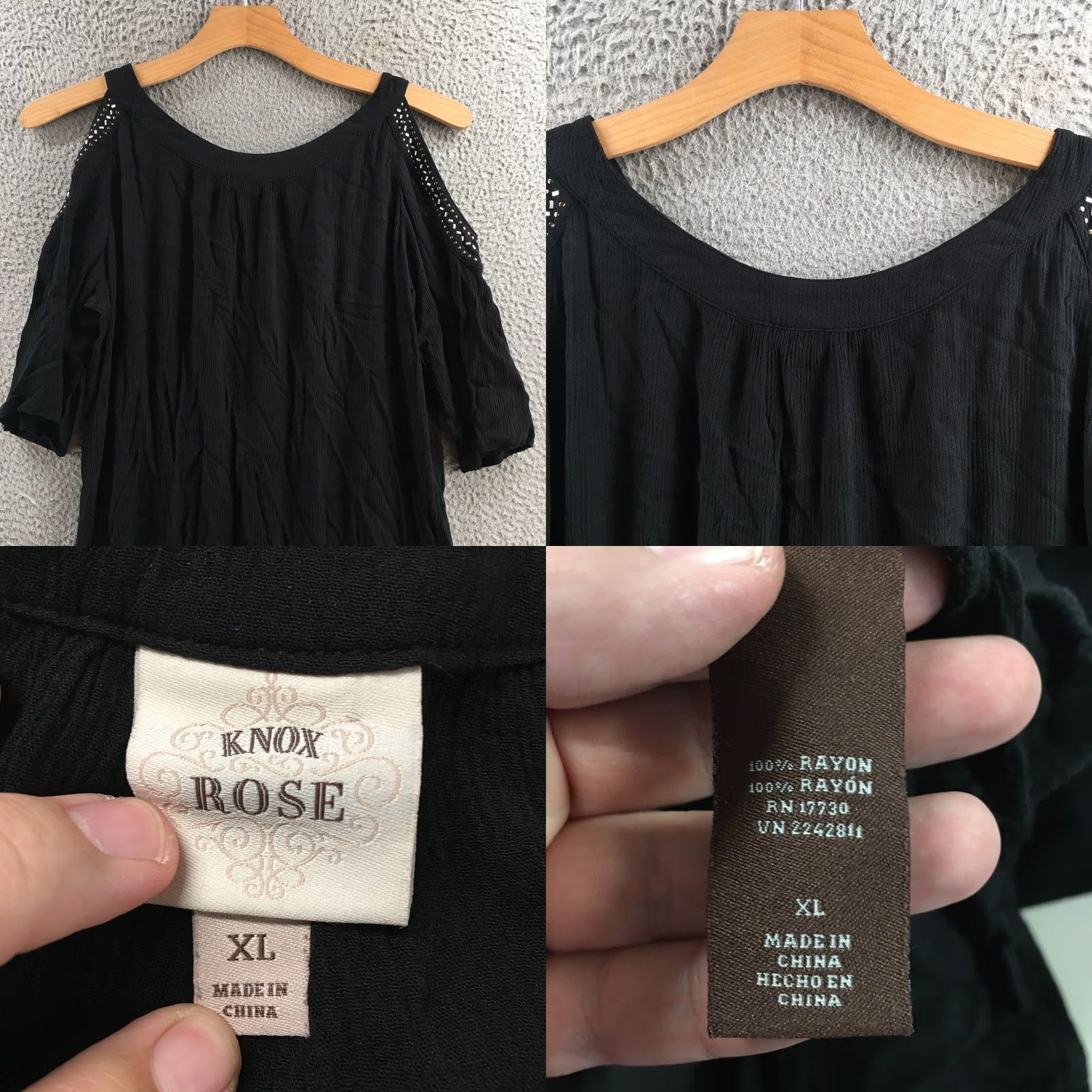 Vintage Knox Rose Blouse Womens XL Solid Black Cold Shoulder Studded 3/4 Sleeve Top Size XL / US 12-14 / IT 48-50 - 8 Thumbnail