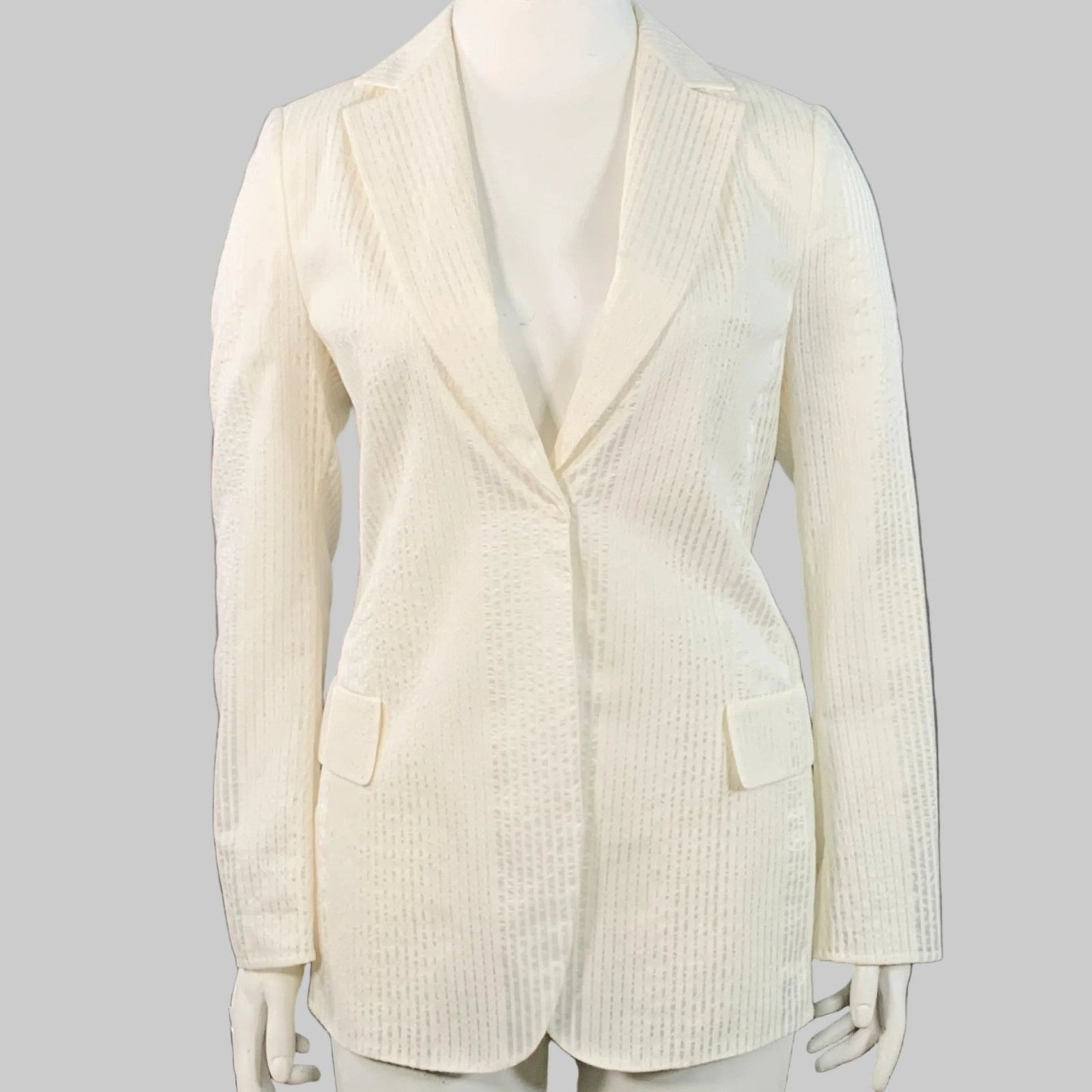 Akris AKRIS Natalia Off White Cotton Sheer Textured Snaps Blazer Size L / US 10 / IT 46 - 1 Thumbnail