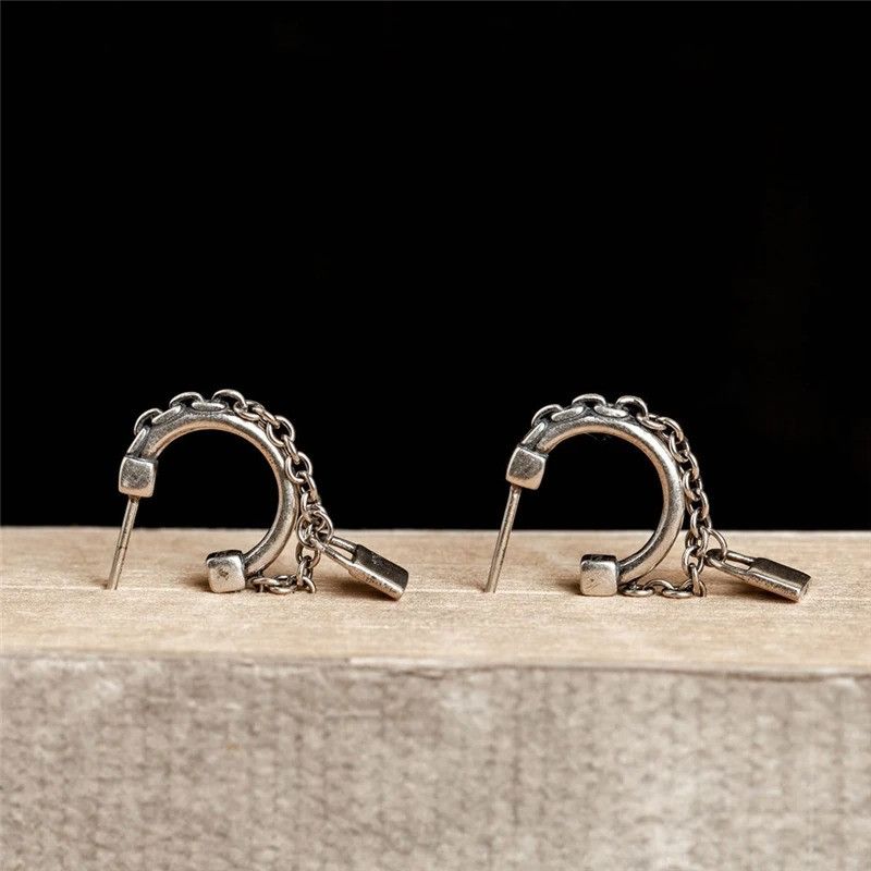 Jewelry Tassel Lock Chain Stud Earrings 925 Sterling Silver Gift Size ONE SIZE - 3 Thumbnail