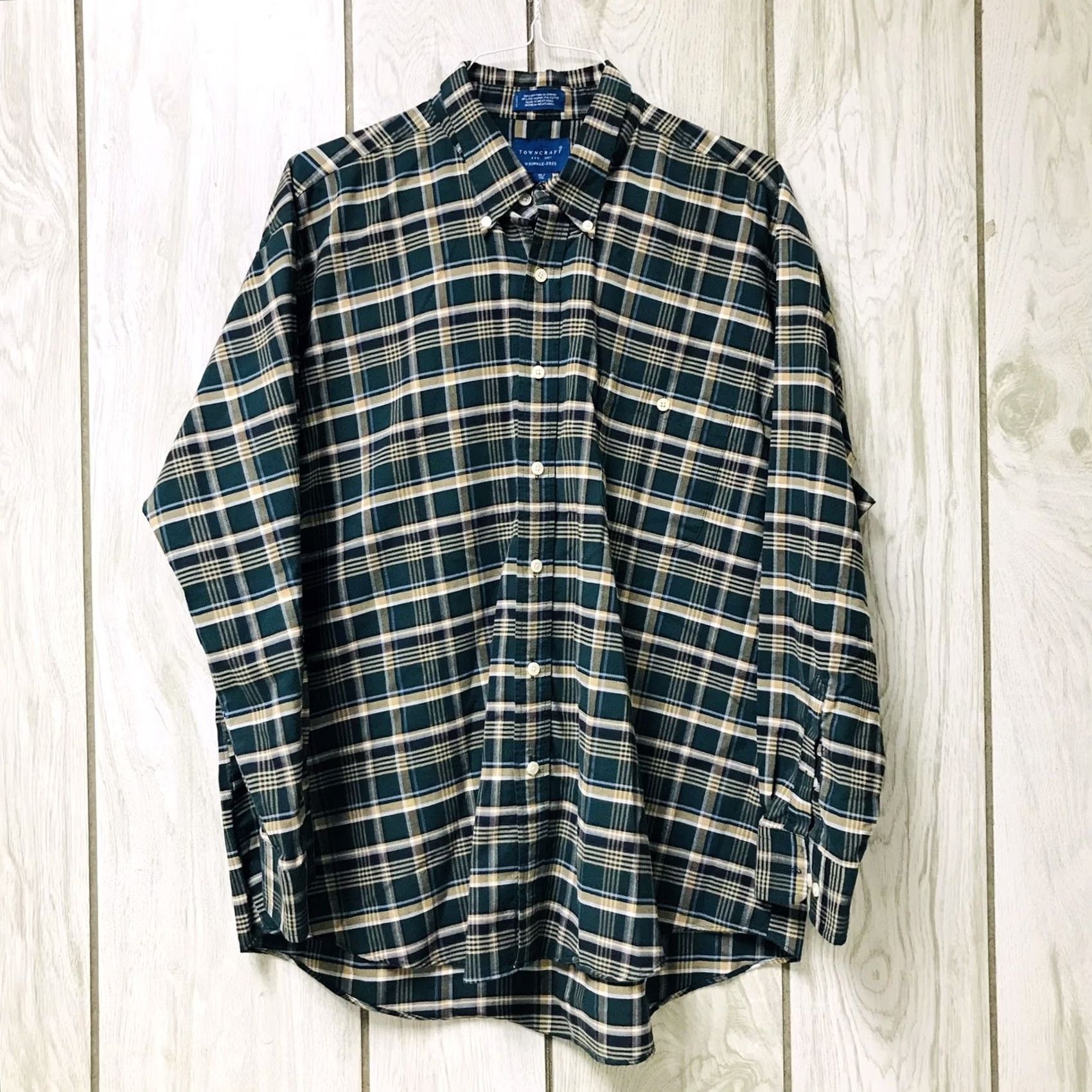 Vintage Towncraft Men Green Plaid Check Wrinkle Free Button Down Long Sleeve Shirt XL Size US XL / EU 56 / 4 - 2 Thumbnail