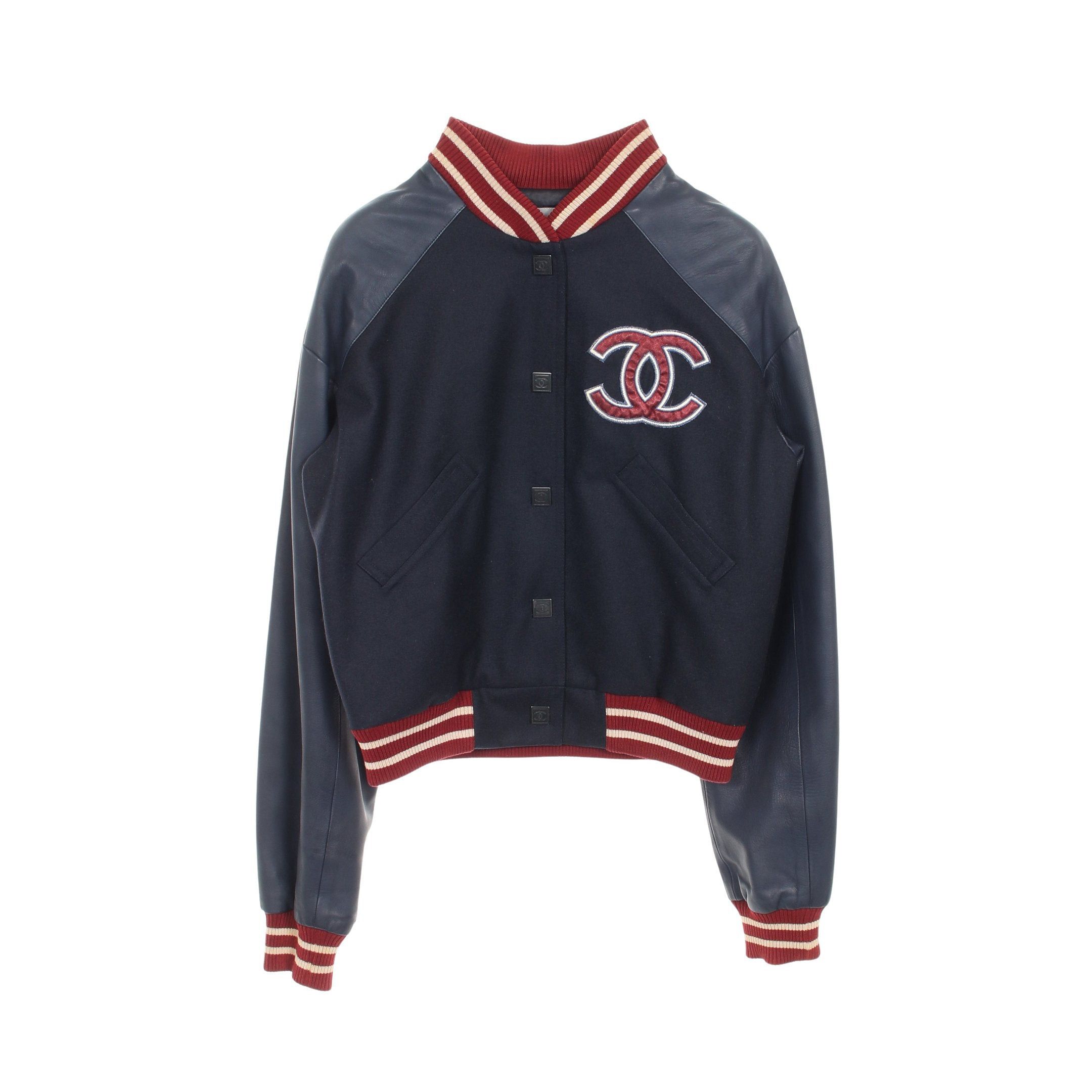 Chanel Chanel Sports Line Coco Mark Stadium Jacket Wool Lamb Leather Black Dark Navy Red 04P Size ONE SIZE - 1 Thumbnail