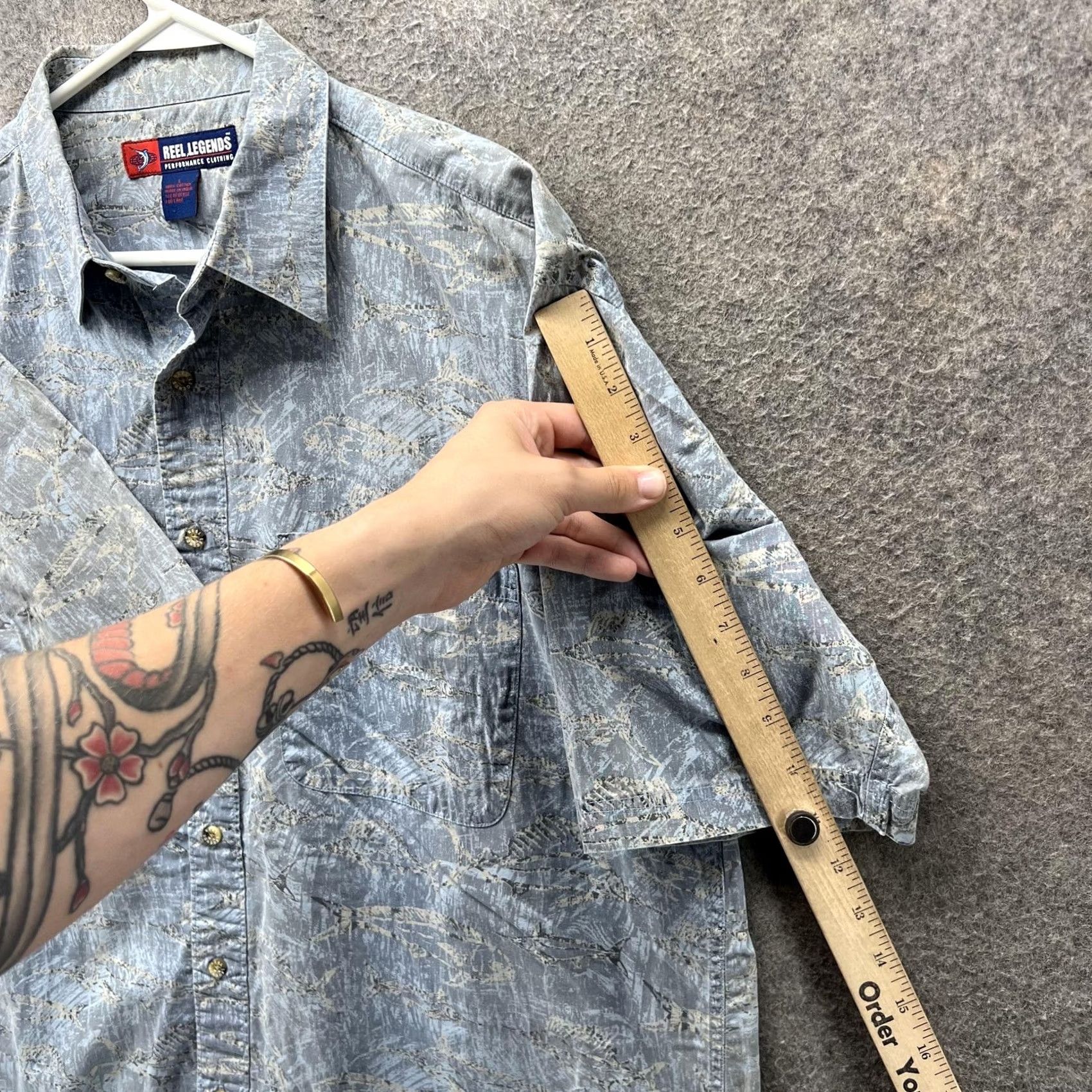 Vintage Reel Legends Shirt Mens Large Blue Gray Fish Print Short Sleeve Button Front Size US L / EU 52-54 / 3 - 3 Thumbnail