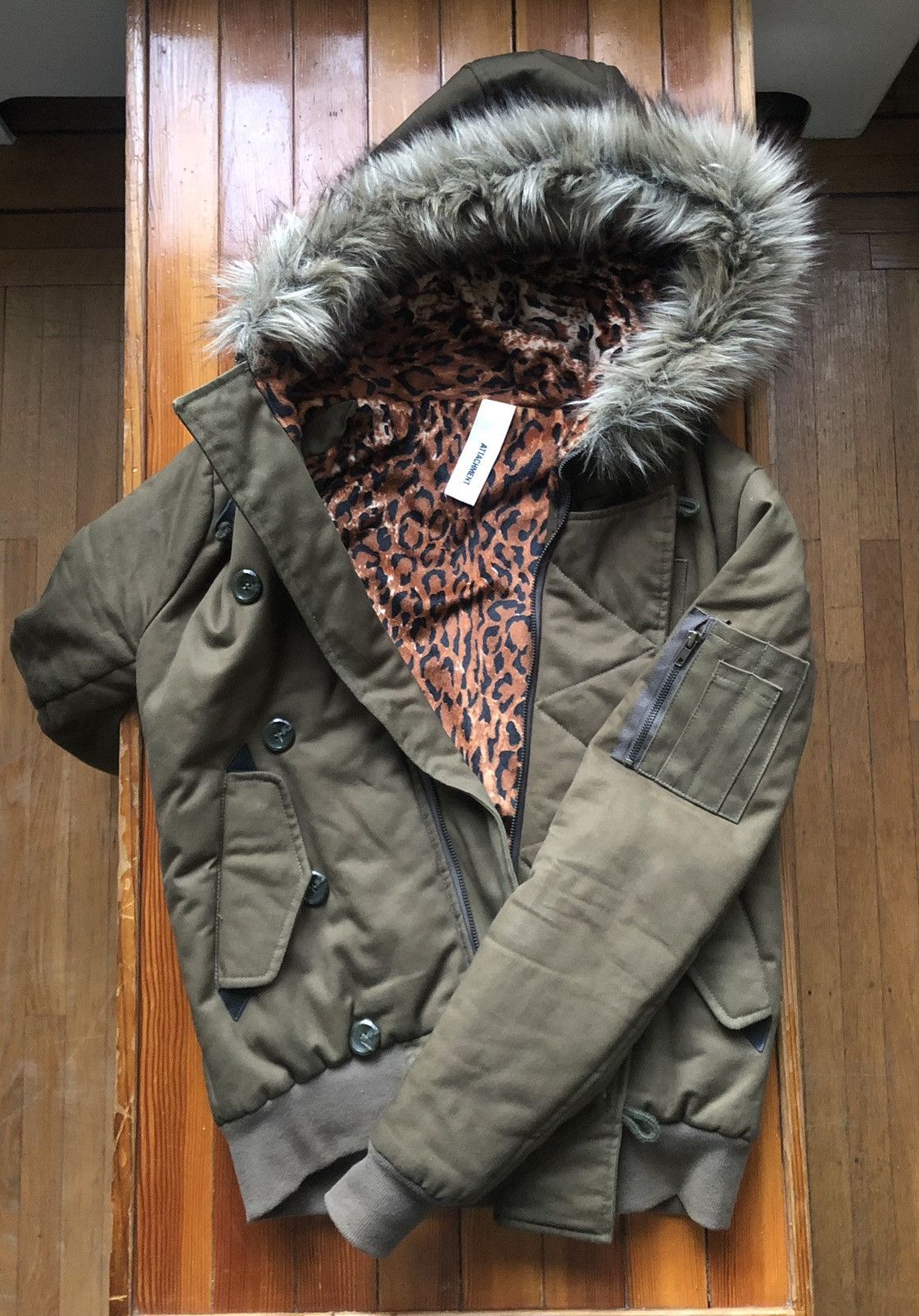 image of Attachment x Kazuyuki Kumagai Attachment Leopard Lined Fur Parka in Olive, Men's (Size Small)