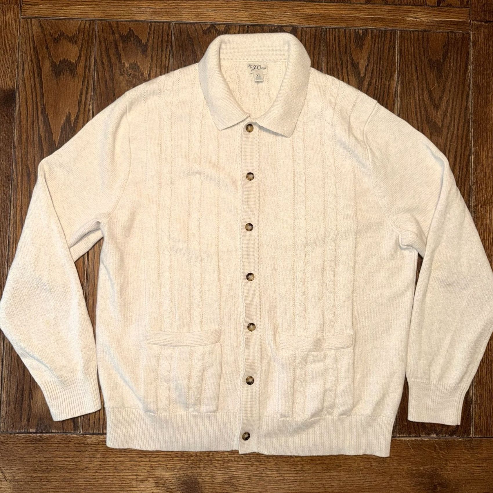 Vintage J Crew Sweater Cardigan Men XL Ivory Heritage Cotton Cable Knit Collared Classic Size US XL / EU 56 / 4 - 2 Thumbnail
