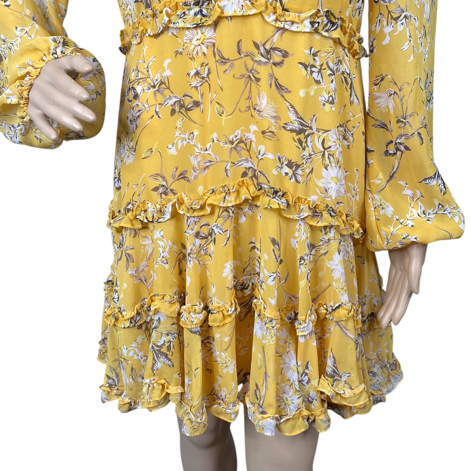 Anthropologie Bardot Yellow Floral Lace Up Ruffle Romantic Mini Dress SZ 8 Size M / US 6-8 / IT 42-44 - 7 Thumbnail