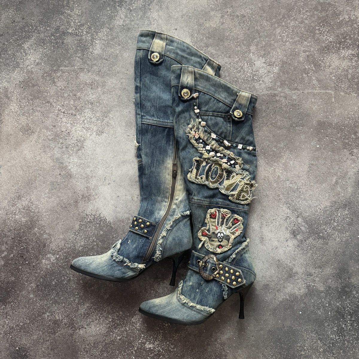 20471120 Vintage Distressed Patchwork Y2K Knee-High Jeans Boots Size US 7 / IT 37 - 4 Thumbnail