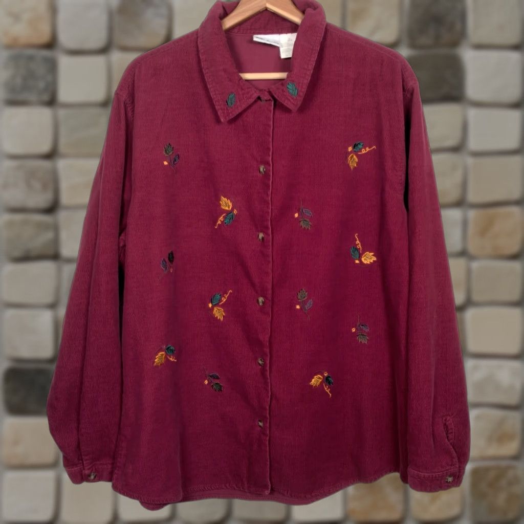 Vintage VINTAGE Bobbie Brooks Shirt XL Button-Up Embroidered Leaf Maroon Corduroy Women's Nature Size XL / US 12-14 / IT 48-50 - 1 Thumbnail