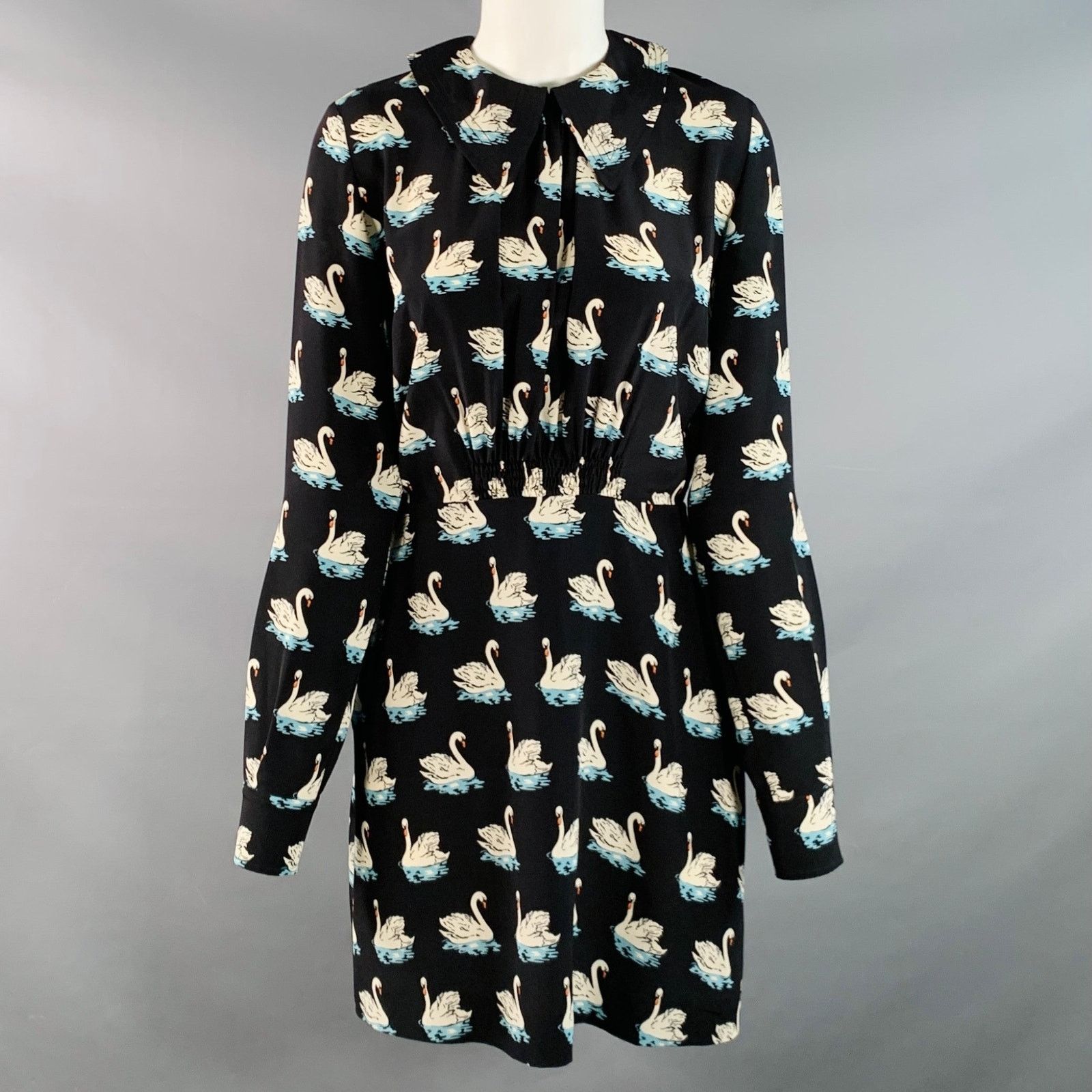 Stella McCartney 2 Black White Blue Silk Swans Point Collar Dress Size XS / US 0-2 / IT 36-38 - 1 Thumbnail
