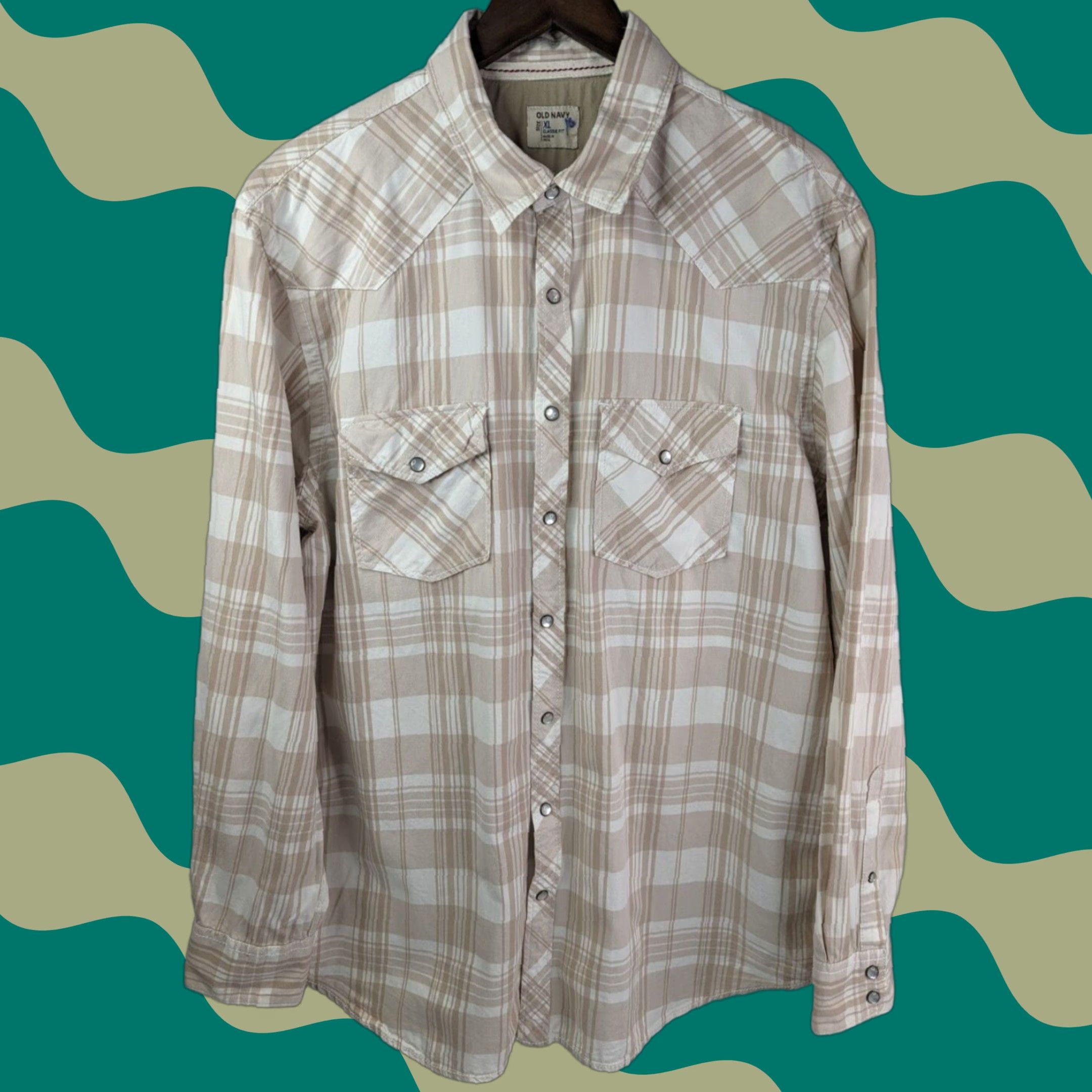 Old Navy Old Navy Button-Up Western Plaid Shirt XL Men Long Sleeve Snap Beige Cotton Size US XL / EU 56 / 4 - 1 Thumbnail