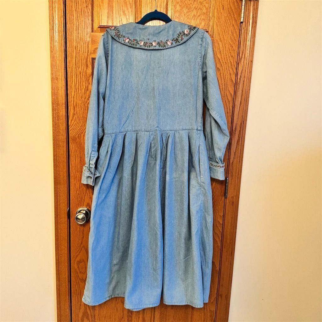 Other FADS Vintage Blue Denim Embroidered Collar Long Sleeve Midi Size XL / US 12-14 / IT 48-50 - 2 Thumbnail
