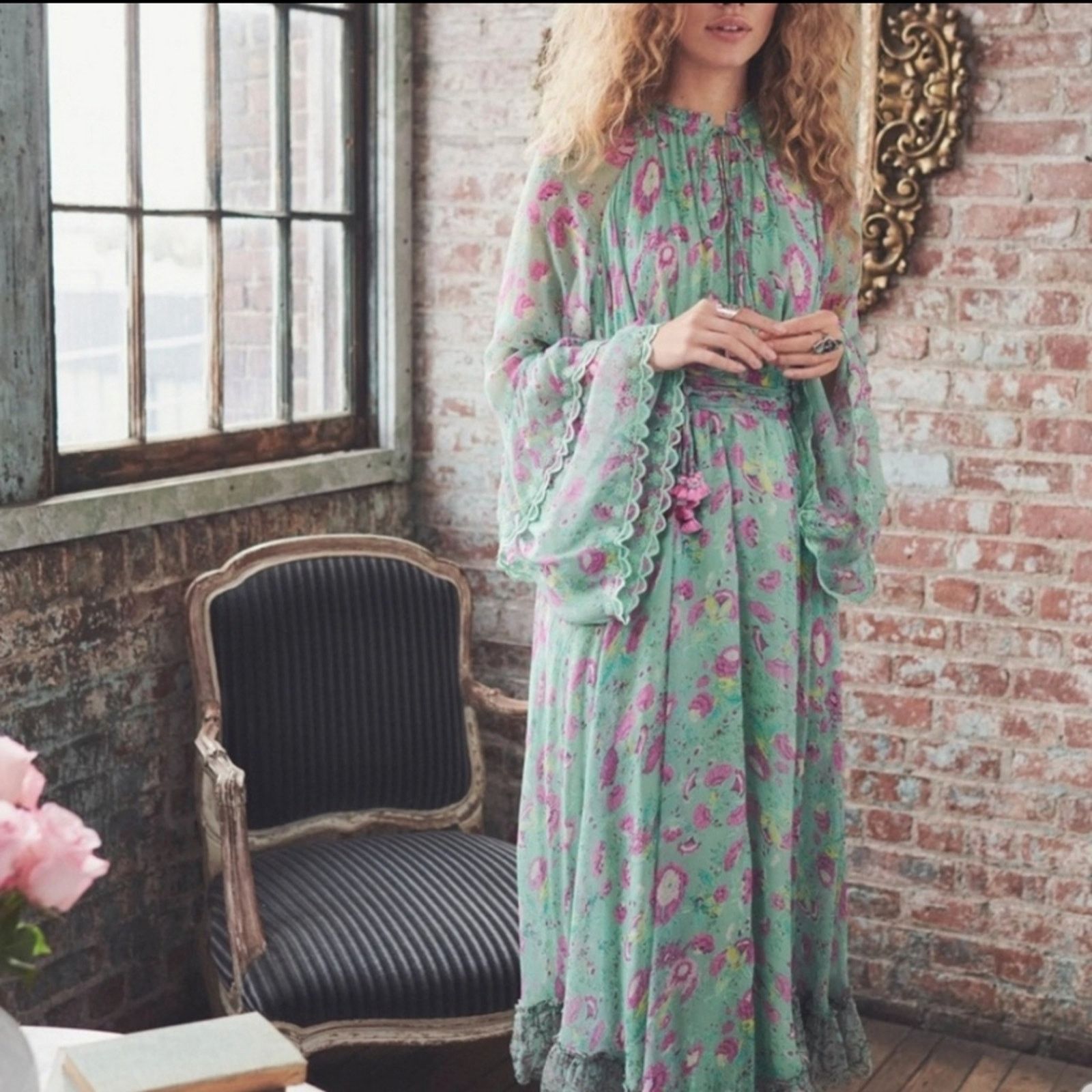 Hemant & Nandita NWT Hemant & Nandita Hera Long Green Floral Dress Size M / US 6-8 / IT 42-44 - 2 Thumbnail