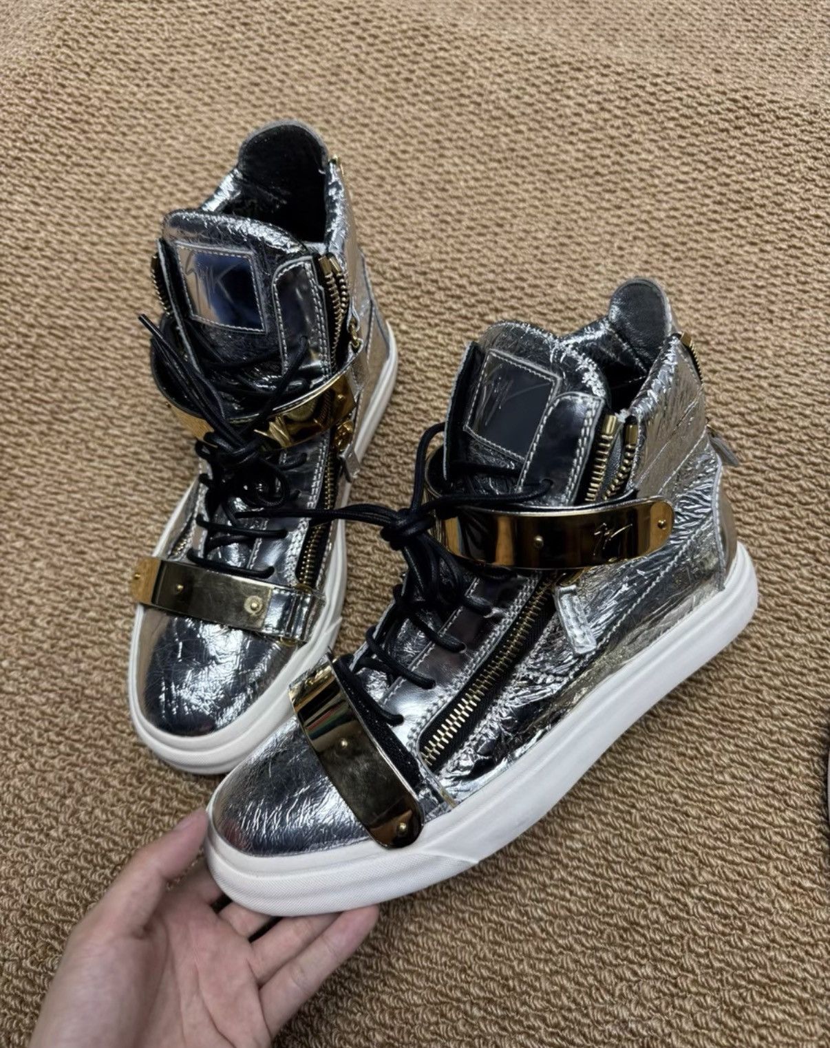 Giuseppe Zanotti Giuseppe Zanotti Silver Foil High Tops with Gold Buckle K37 Size US 8.5 / EU 41-42 - 2 Thumbnail