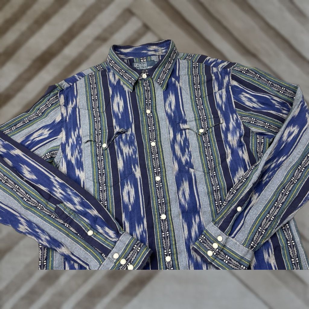 Polo Ralph Lauren VINTAGE Polo Ralph Lauren Men’s Shirt Large Blue Western Navajo Aztec Pearl Snap Pocket Shirt Size US L / EU 52-54 / 3 - 1 Thumbnail