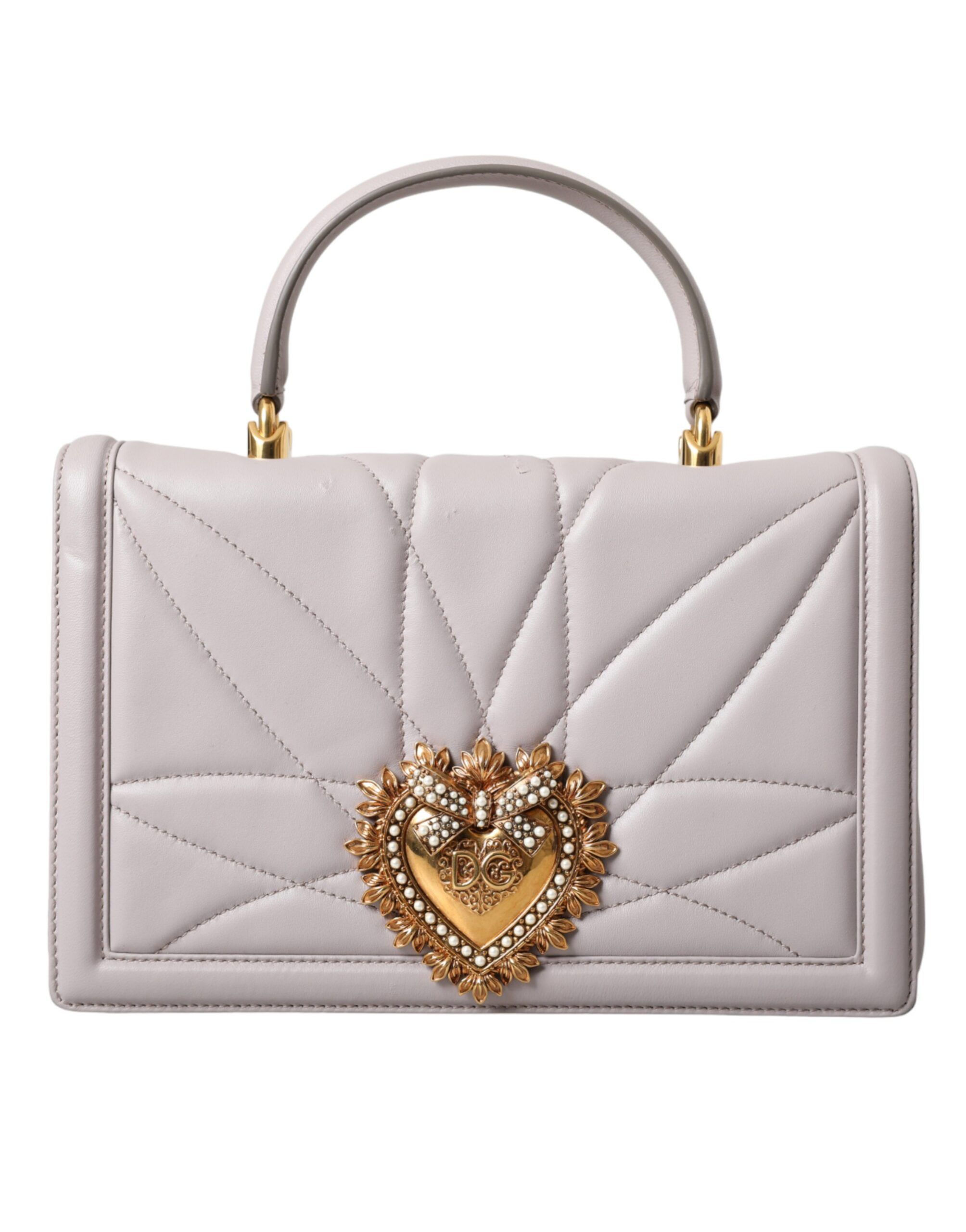 Dolce & Gabbana Light Gray Devotion Gold Heart Leather Shoulder Women's Bag Size ONE SIZE - 1 Thumbnail