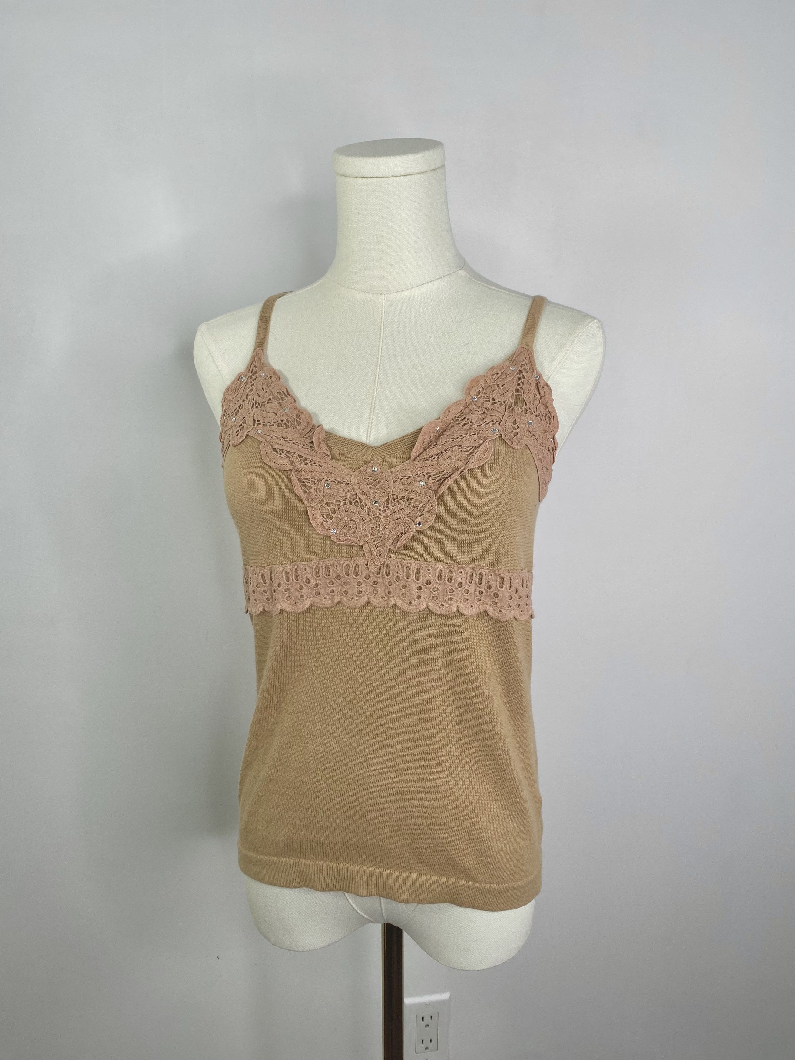 Vintage Sandra Angelozzi - Beige Cotton Floral Lace Tank Top Size M / US 6-8 / IT 42-44 - 1 Thumbnail