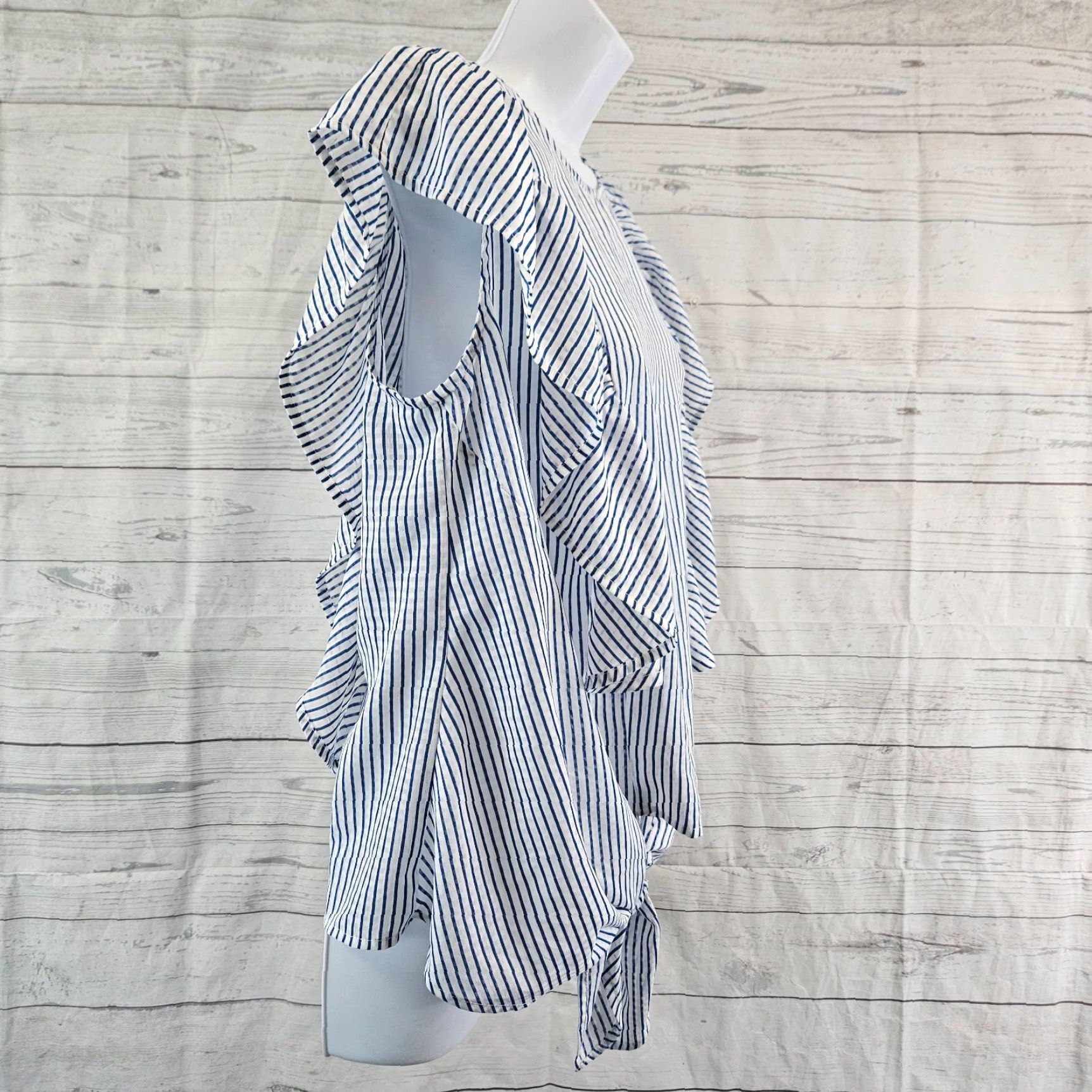 Vintage Zac & Rachel Womens Top Sz Medium Blue White Stripe Ruffle Front Tie Size M / US 6-8 / IT 42-44 - 3 Thumbnail