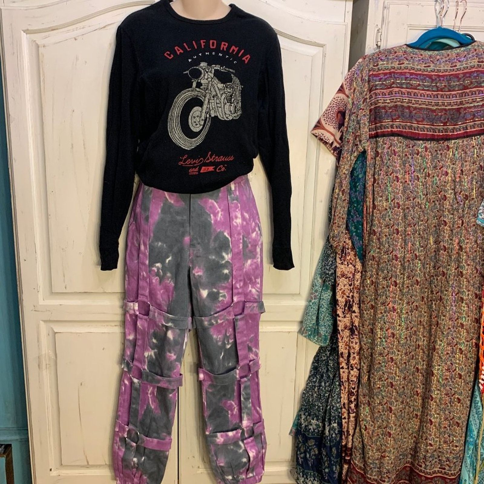 Other NWT Y2K TIE DYE BUCKLED O RING CARGO UTILITY PANTS Size 28" / US 6 / IT 42 - 2 Thumbnail