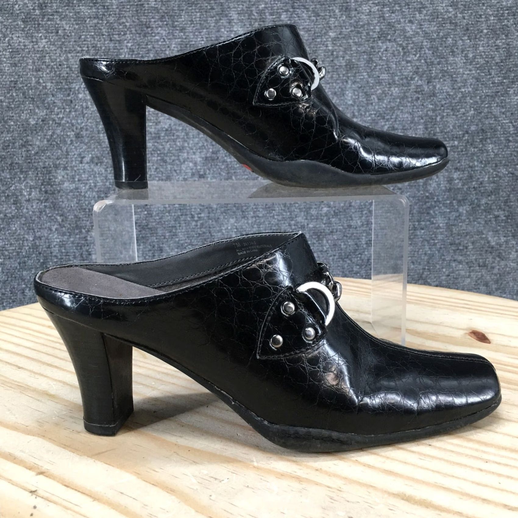 Vintage Aerosoles Mule Heels Womens 7B Black Split Square Toe Slip On Croc Embossed Size US 7 / IT 37 - 2 Thumbnail