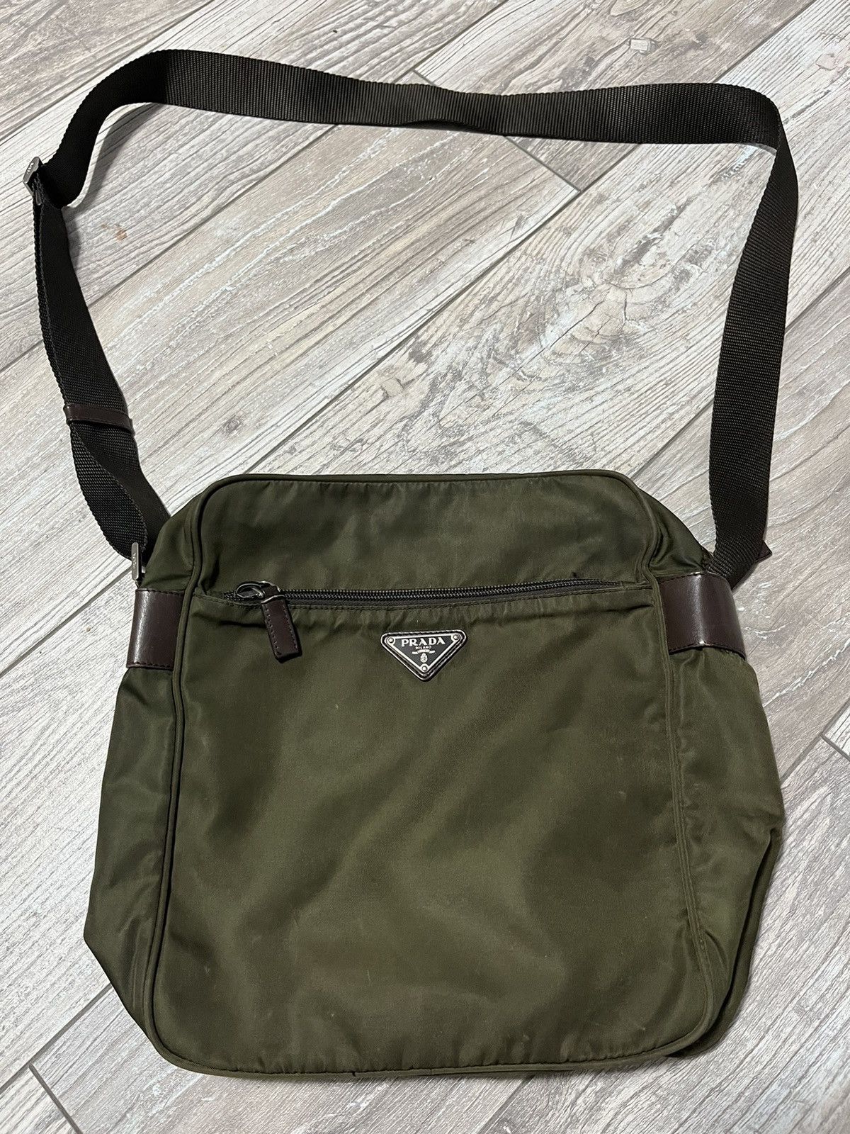 image of Prada Shoulder Crossbody Bag Vintage Logo Designer Triangle in Dark Green, Men's