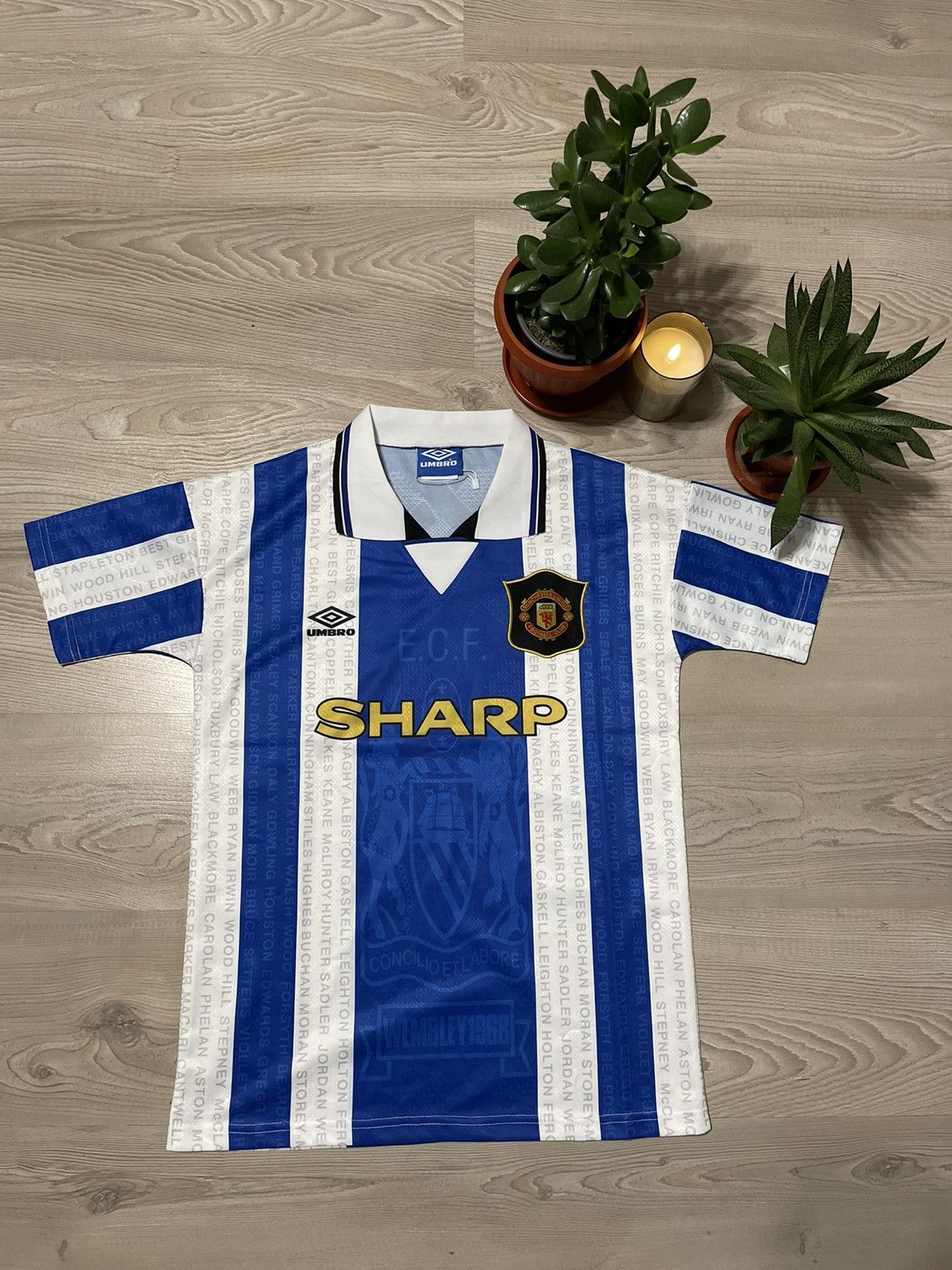 image of Manchester United 1995/1996 Vintage Jersey in Blue White, Men's (Size Small)