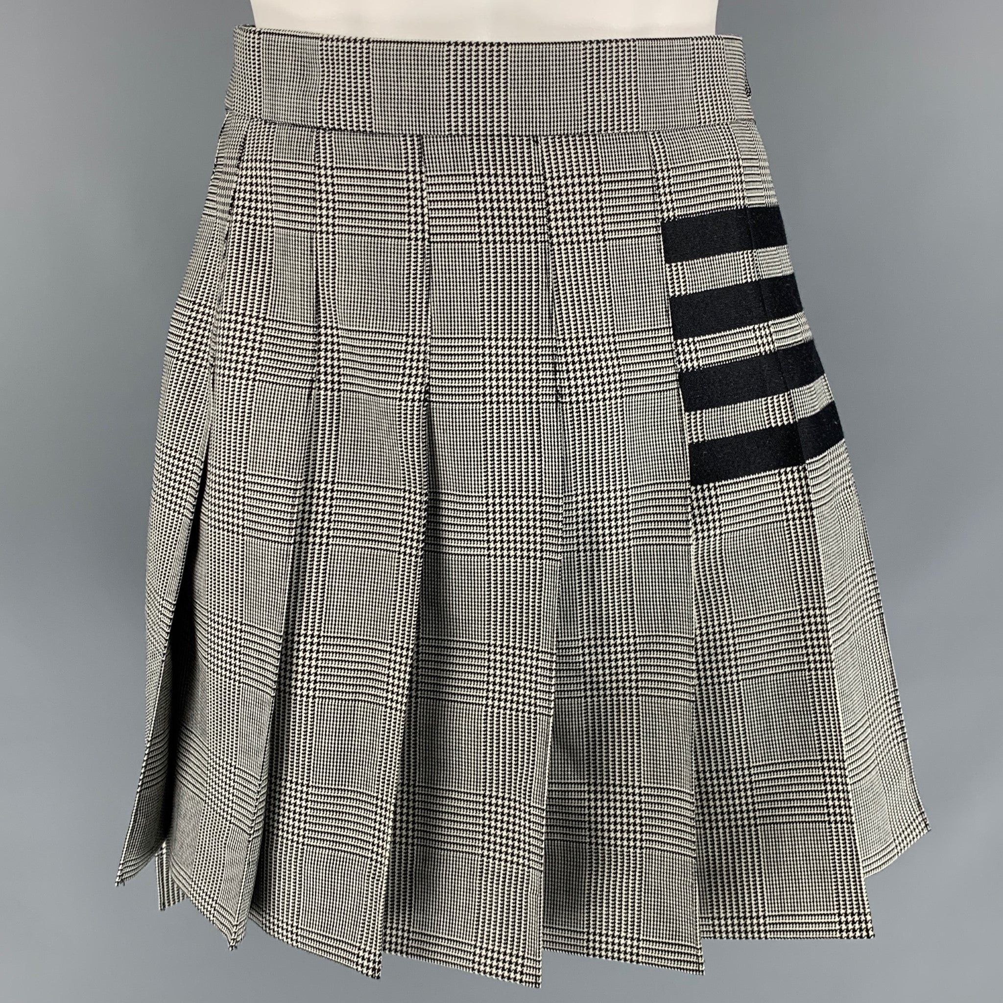 image of Thom Browne Black White Wool Glen Plaid Pleated Above Knee Skirt, Women's (Size 26)