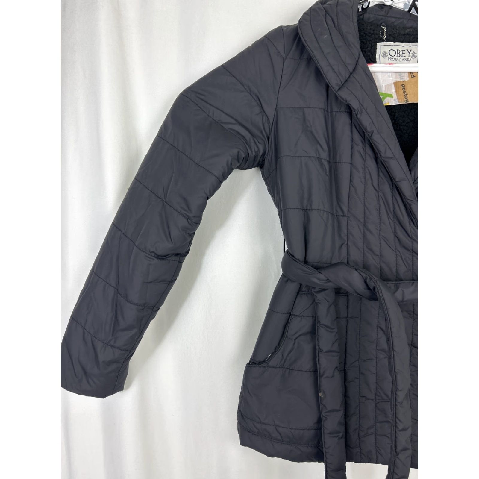 Obey OBEY Womens Medium Black Jacket Half Zip Button Belted Puffer Faux Sherpa Size M / US 6-8 / IT 42-44 - 2 Thumbnail