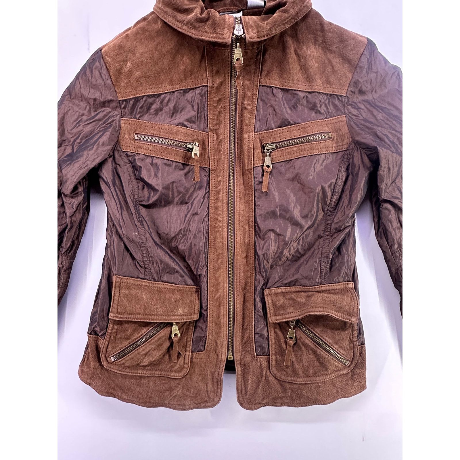 & Other Stories Vintage Chicos Brown Leather Suede Trim Nylon Jacket Size 0 Size XS / US 0-2 / IT 36-38 - 2 Thumbnail