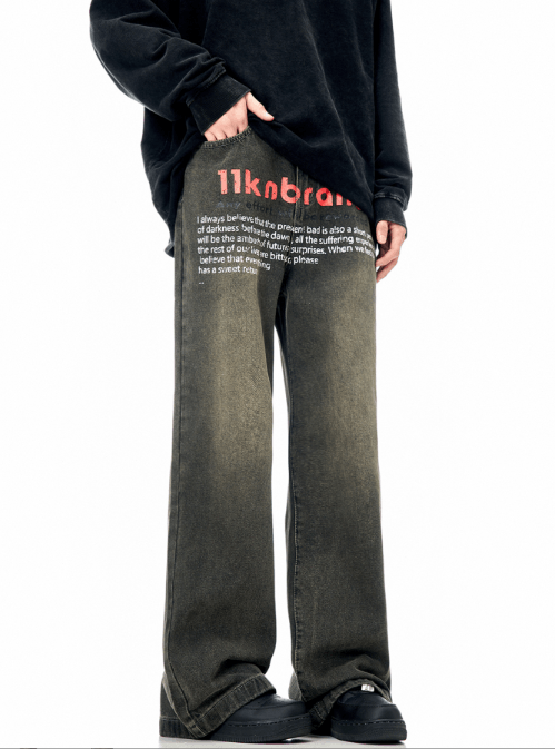 Japanese Brand × Jean Retro letter print washed distressed straight casual jeans Size US 32 / EU 48 - 2 Thumbnail