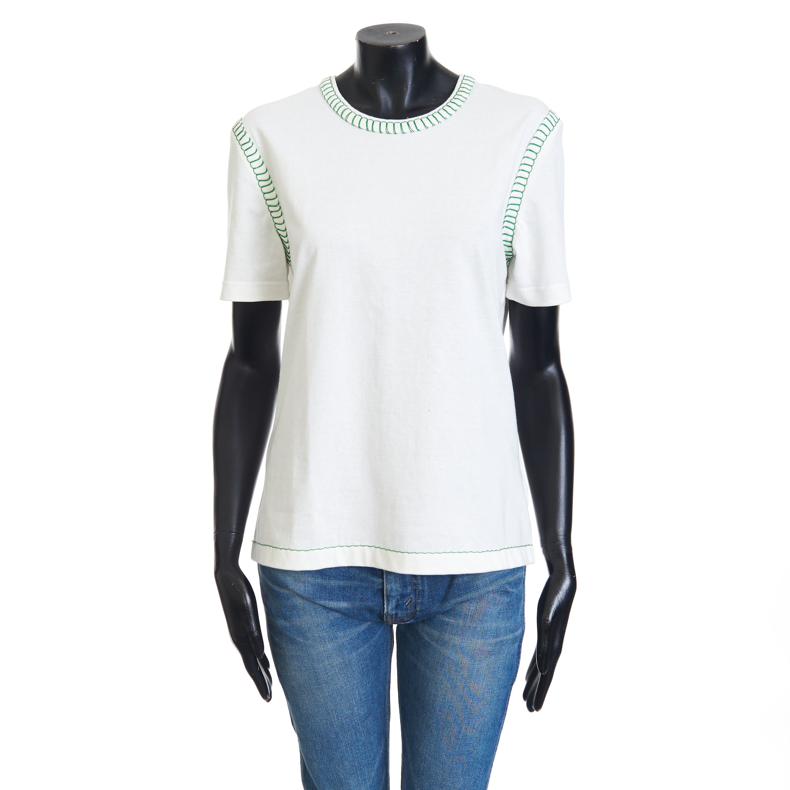 Image of Bottega Veneta Overlock Tshirt In White Cotton & Green Stitch Detailing, Women's (Size XL)