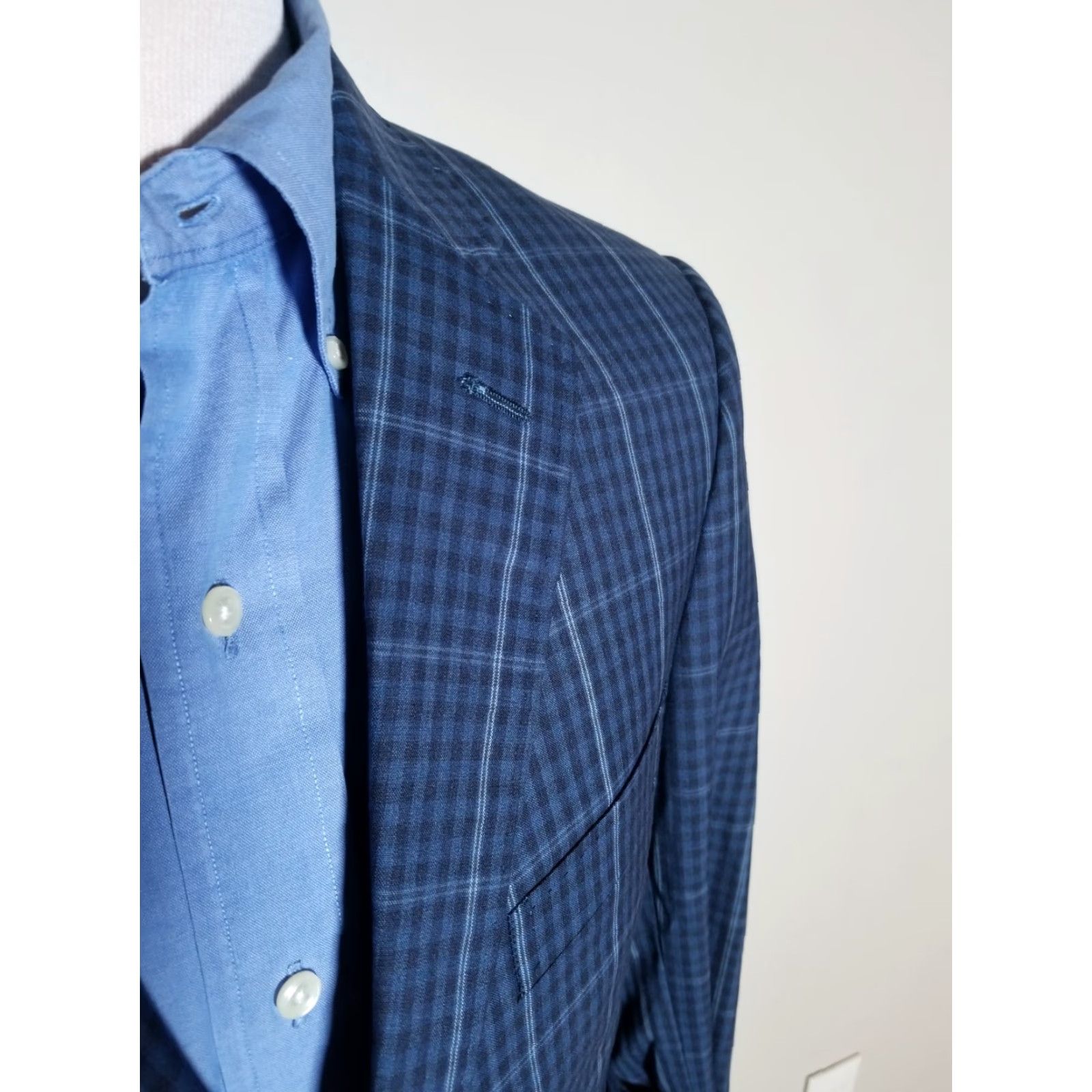Balmain Sport Coat Jacket Blues Check Wool 38R Slim Adult Men Regular Notch Lapel Four-Button Four-Button Single-Breasted Tailored