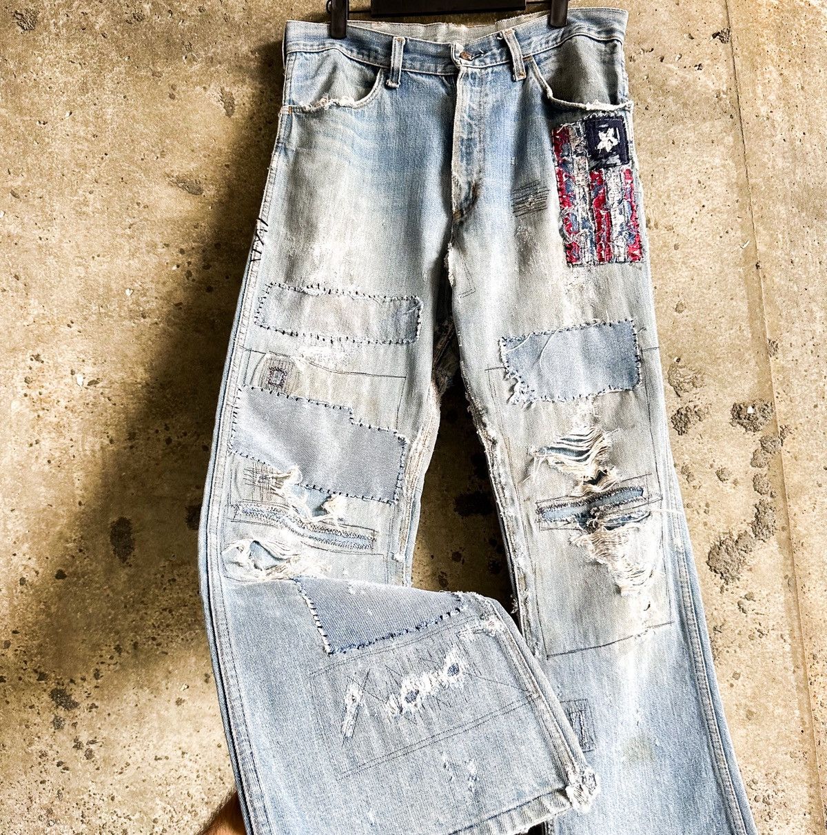 Vintage 70’s THRASHED Vintage Boro Flag Repair Patchwork Flare Denim Size US 33 - 3 Thumbnail