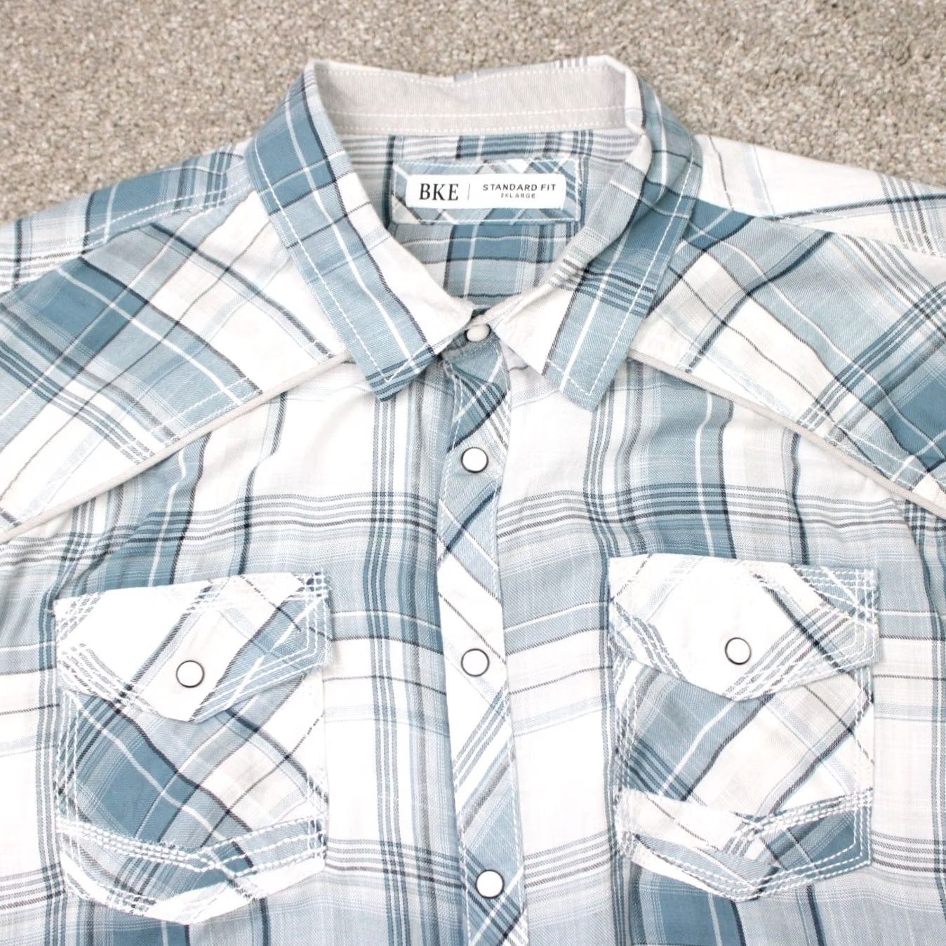 BKE BKE Shirt Mens 2XL XXL Blue/White Plaid Pearl Snap Short Sleeve Standard Fit Size US XXL / EU 58 / 5 - 4 Thumbnail