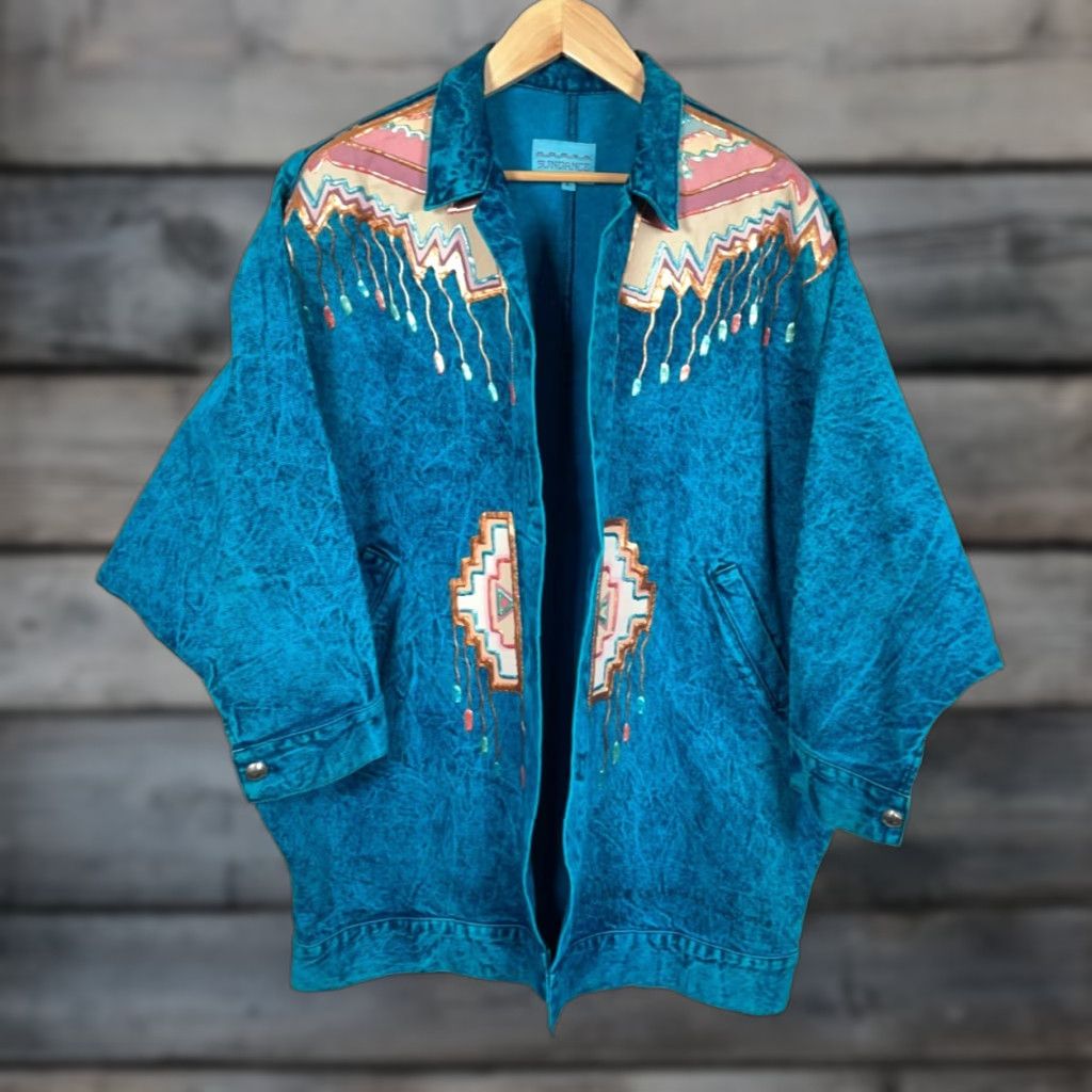 Vintage Sundance Jacket Woman Large Open Front Denim Acid Wash Teal Tribal Geometric 90s Vintage KimonoStyle Oversized Pockets Size L / US 10 / IT 46 - 1 Thumbnail