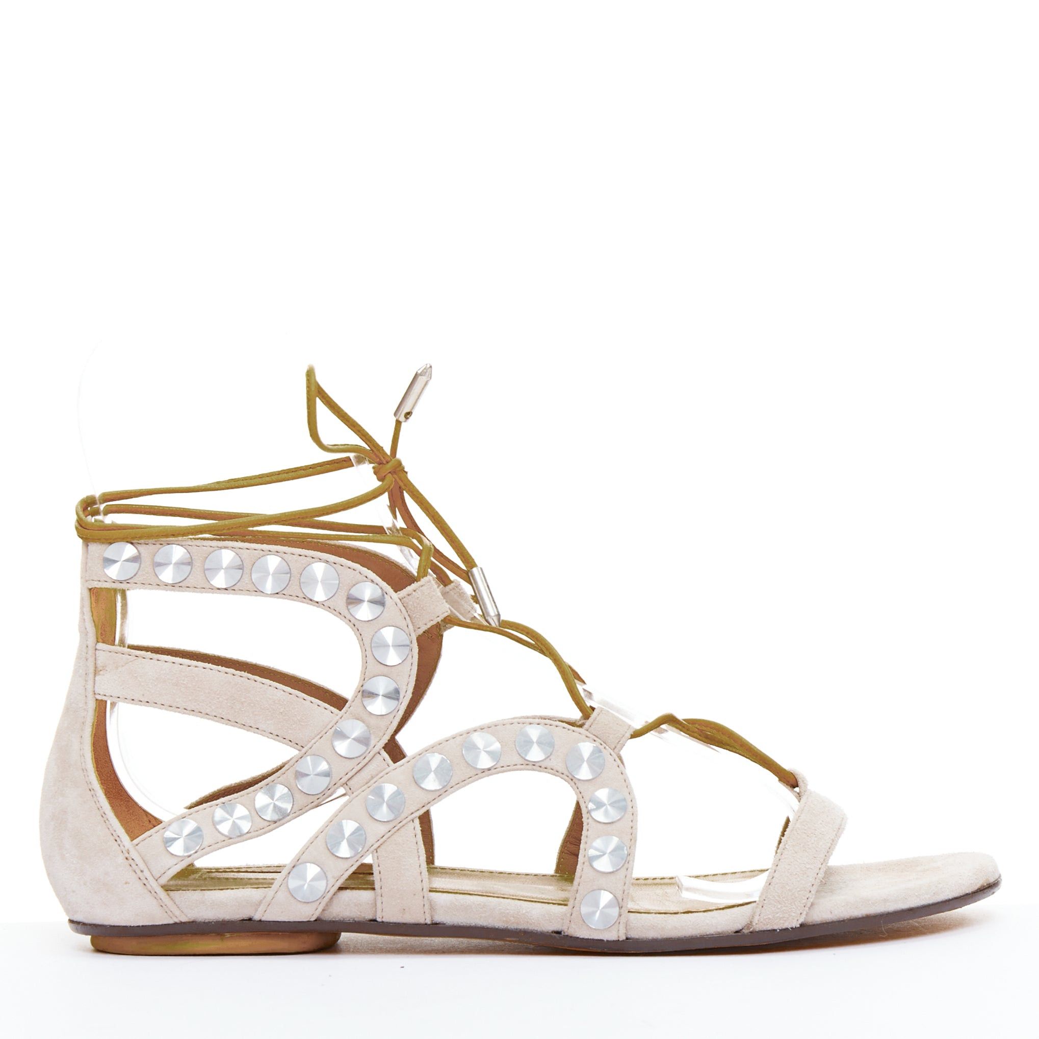 AQUAZZURA beige leather silver disc studded gladiator sandals EU36
