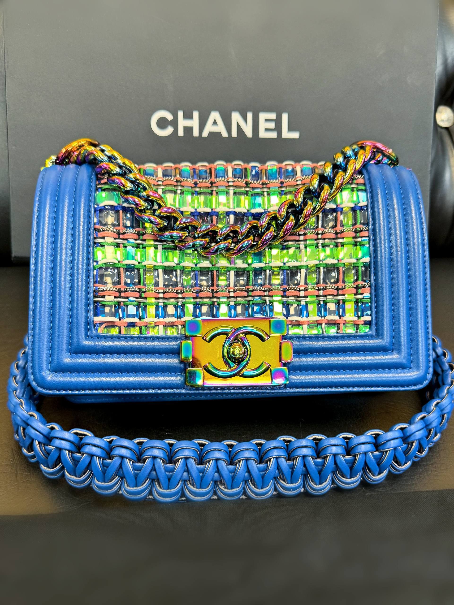 Chanel Chanel Old Small Boy Flap Bag Blue Rainbow Woven PVC Size ONE SIZE - 1 Thumbnail