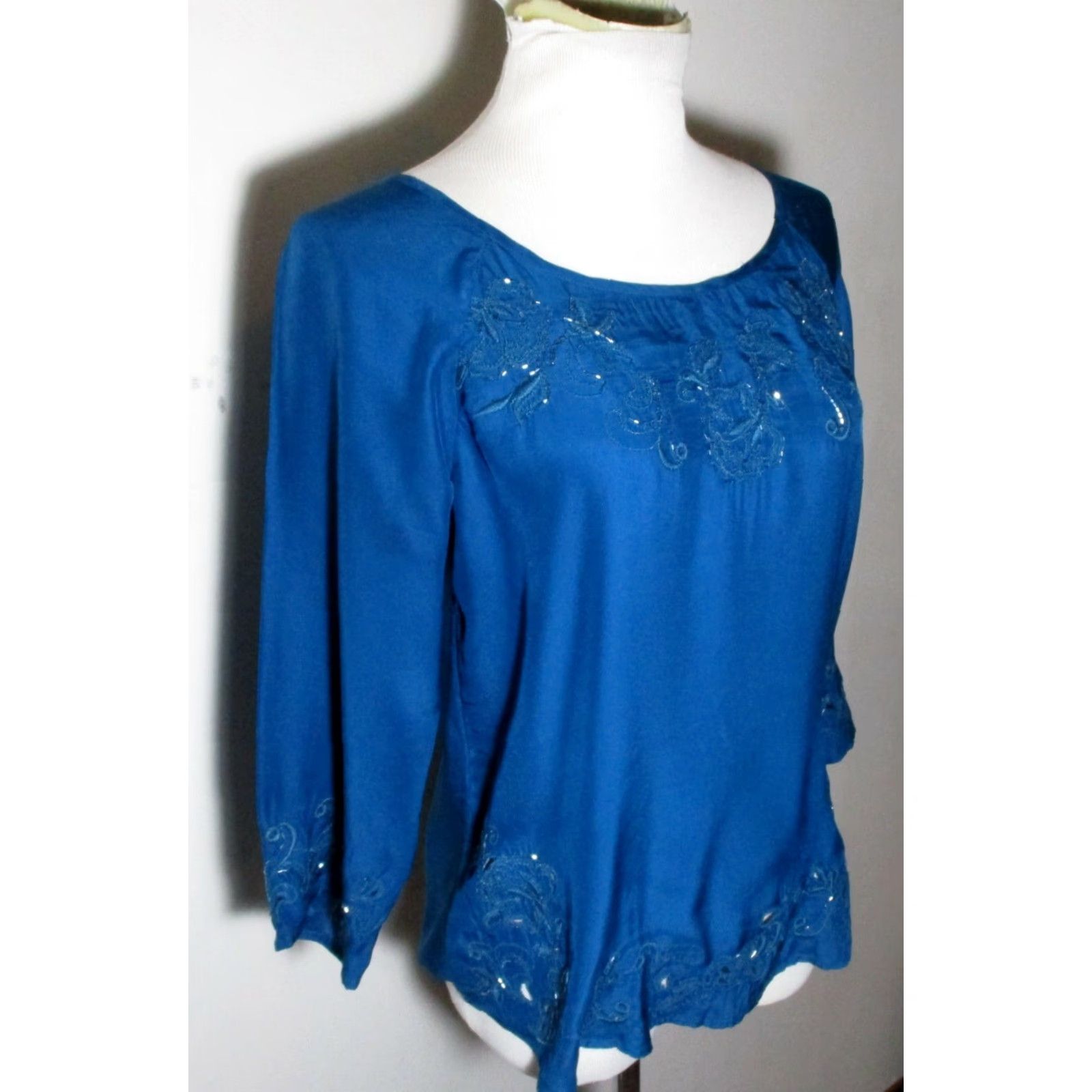 Lucky Brand LUCKY BRAND Top Silk Beaded Blue 100% Silk 3/4 Sleeve Size S Womens Size S / US 4 / IT 40 - 3 Thumbnail