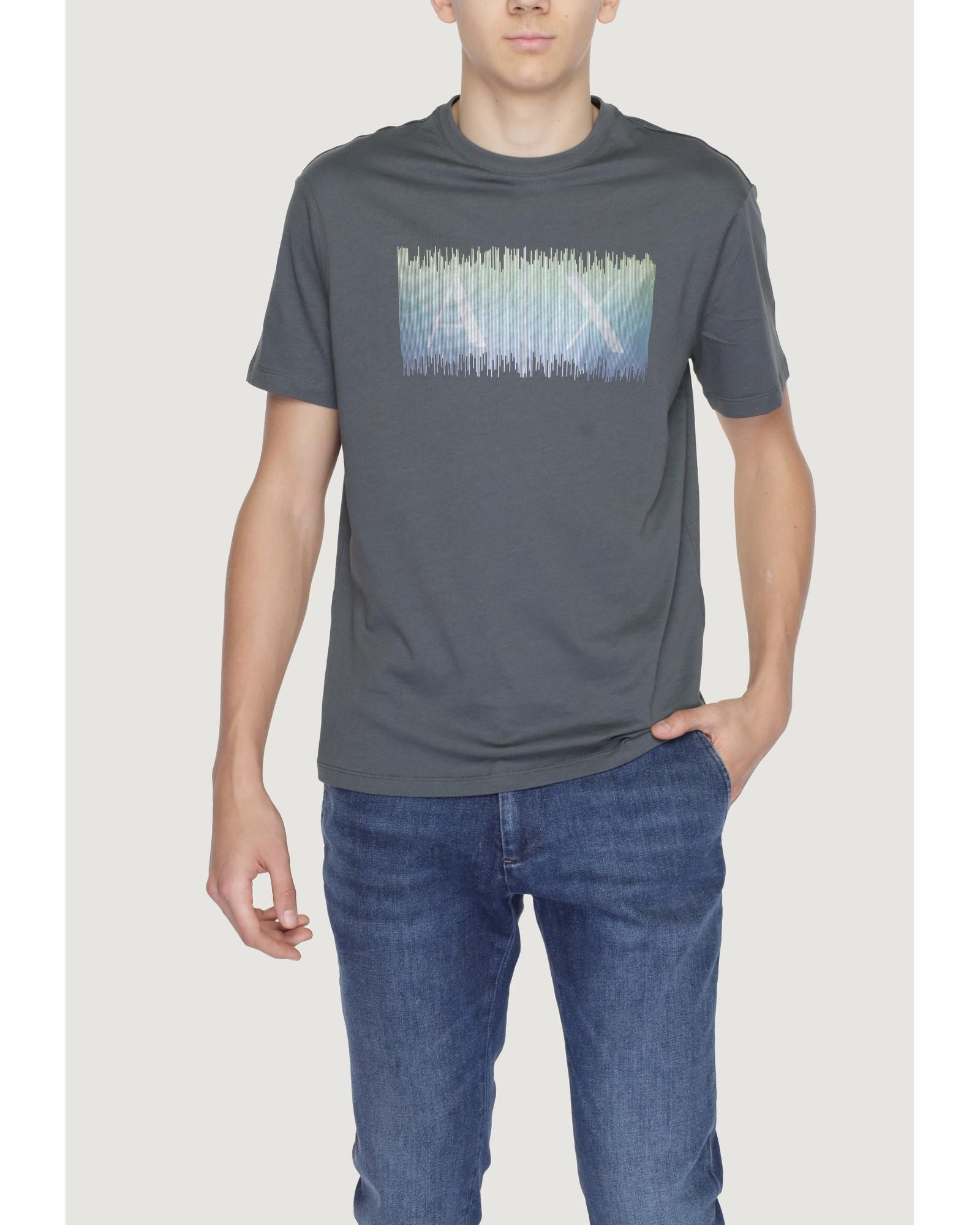 image of Armani Exchange Printed Round Neck Cotton T-Shirt in Grey, Men's (Size XL)