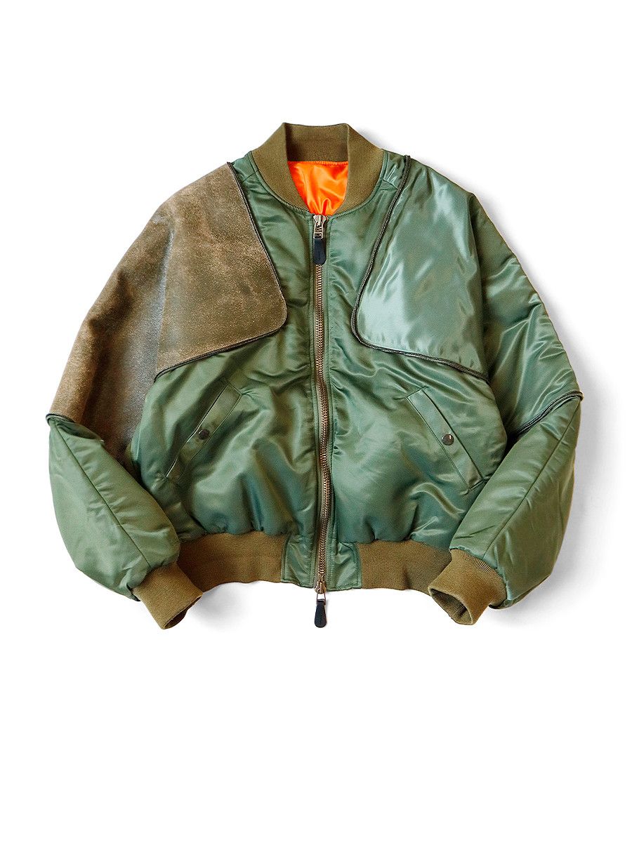 image of Kapital Ma-1 Nylon X Cracked Leather Sham Bomber Jacket in Kaki, Men's (Size XL)