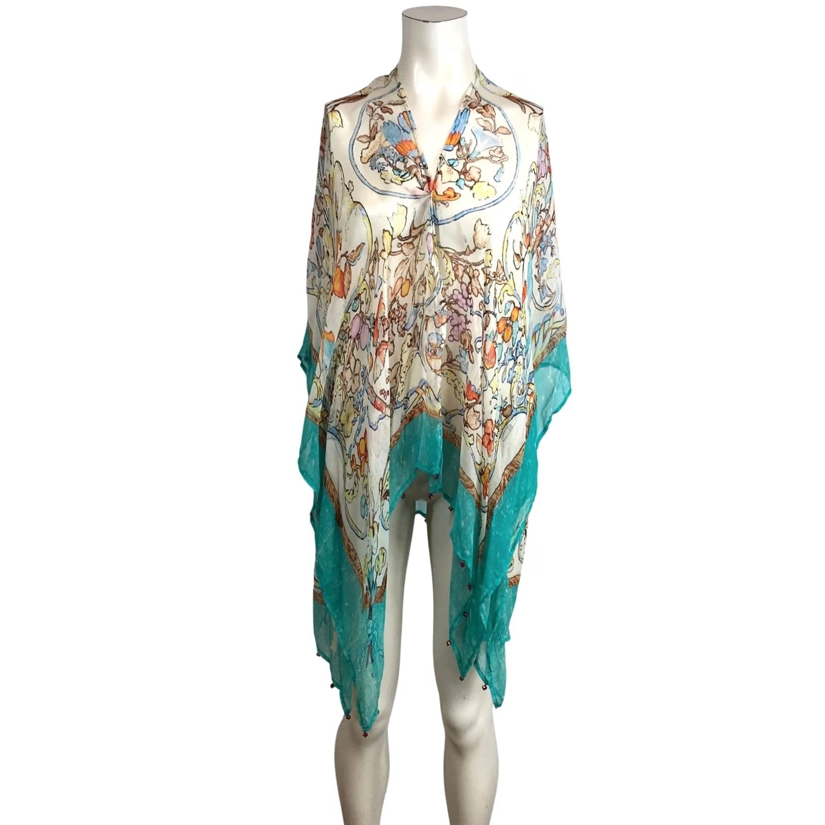 Soft Surroundings Soft Surroundings Kimono Wrap Shirt Womens S Teal Floral Bird Print Cupro Beaded Lightweight Bohemian Size S / US 4 / IT 40 - 2 Thumbnail