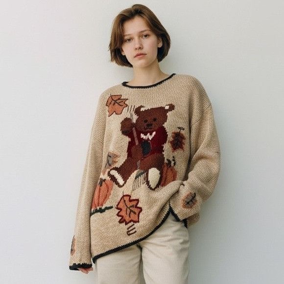 Vintage Vintage White Stag Cozy Bear Raking Leaves Oversized Sweater Size L / US 10 / IT 46 - 1 Thumbnail