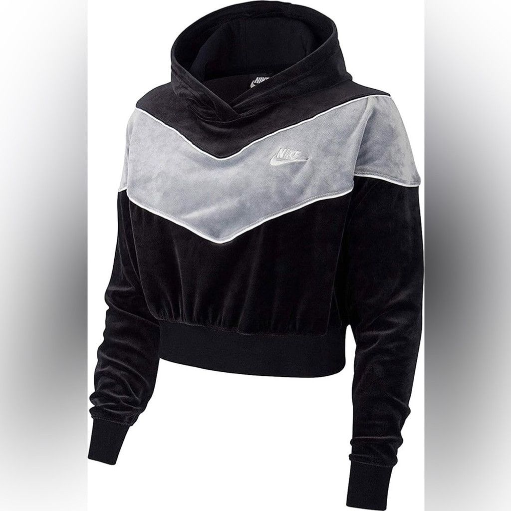Nike Nike Heritage Velour Cropped Hoodie in Black and Grey Size S Size S / US 4 / IT 40 - 2 Thumbnail