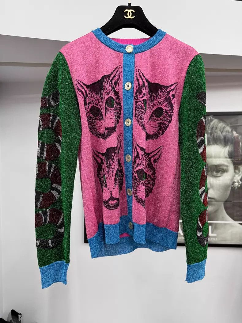 Gucci Gucci Pink and green bright line cat head knitted cardigan Size M / US 6-8 / IT 42-44 - 1 Thumbnail