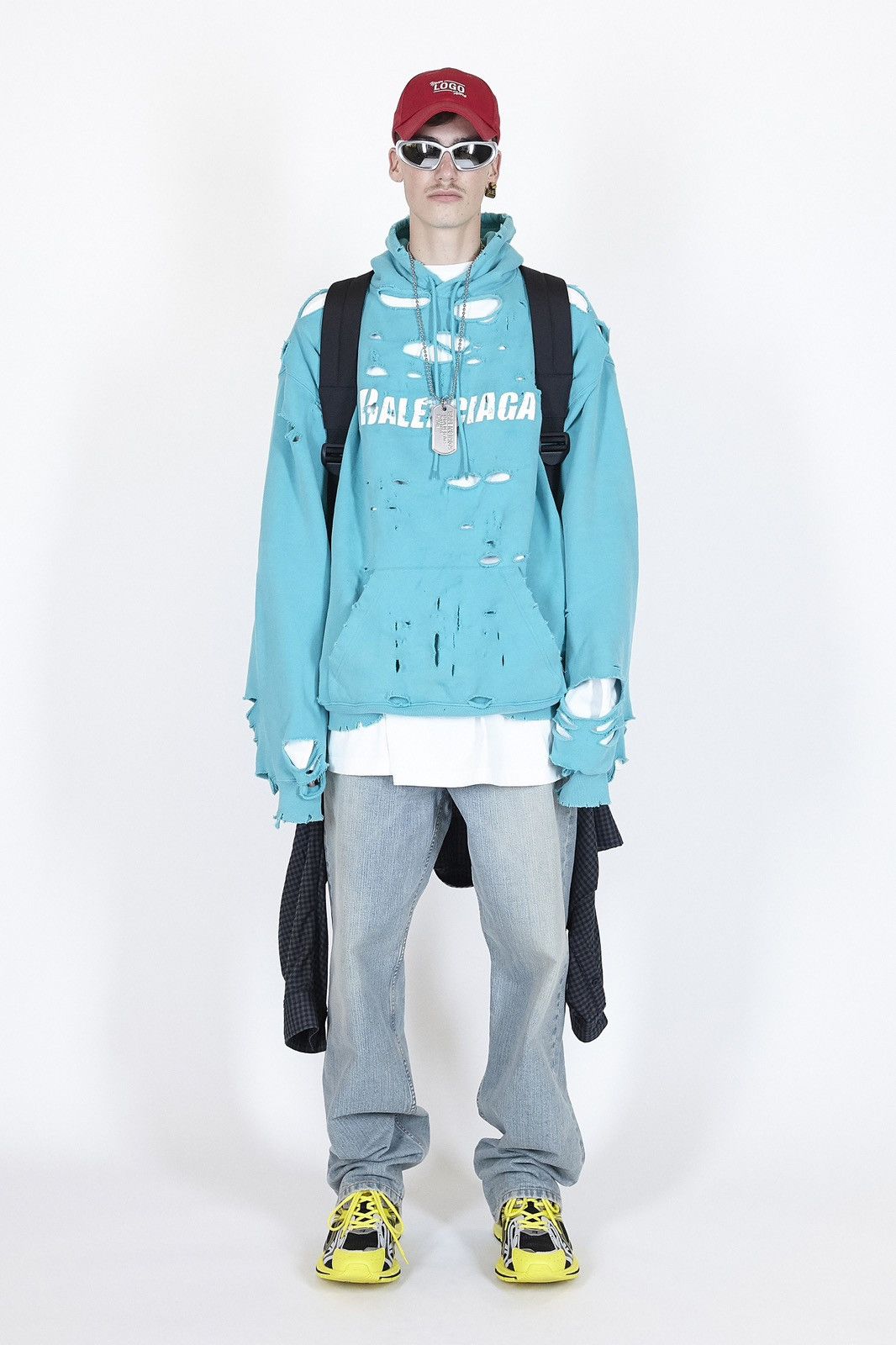 image of Balenciaga Distressed Oversized Hoodie in Teal, Men's (Size Small)