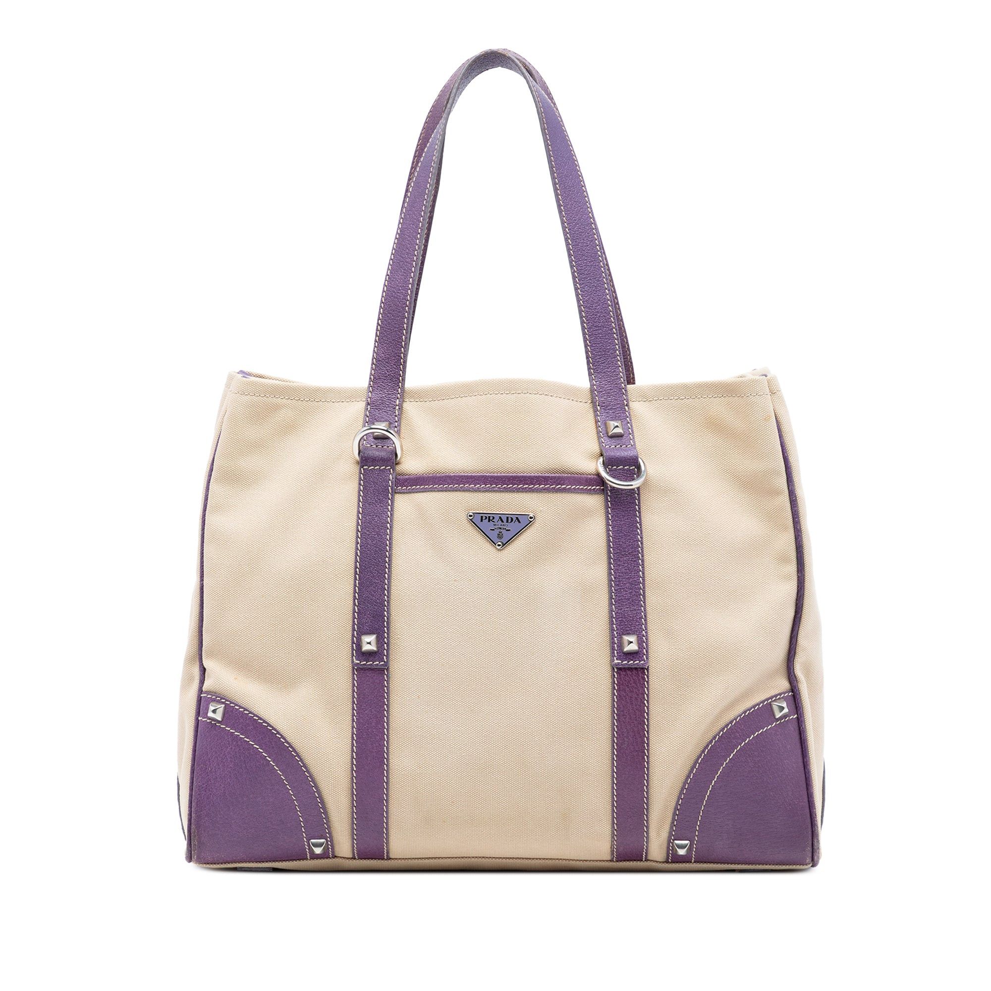 Prada Studded Leather Trimmed Canvas Front Pocket Tote Size ONE SIZE - 1 Thumbnail