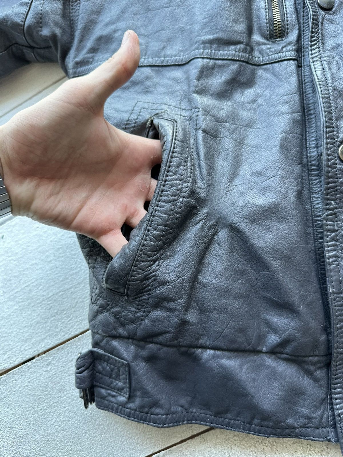 Other 🚨VNTG LEATHER JACKET AVANT GARDE ASYMMETRICAL DARK BLUE/GRAY Size US M / EU 48-50 / 2 - 8 Thumbnail